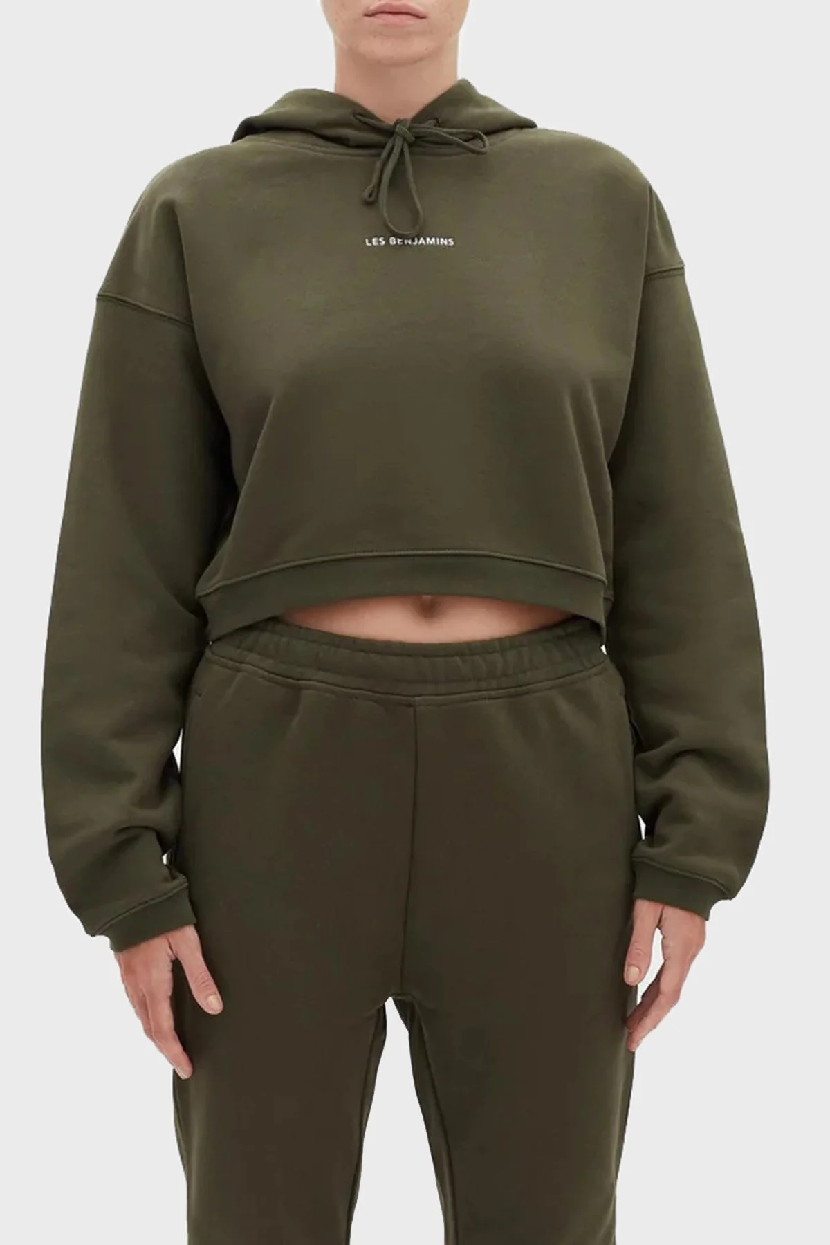 Les Benjamins Logolu Regular Fit Kapüşonlu % 100 Pamuk Crop Bayan Sweat LB22FWESSFUHD-302 HAKİ - 1