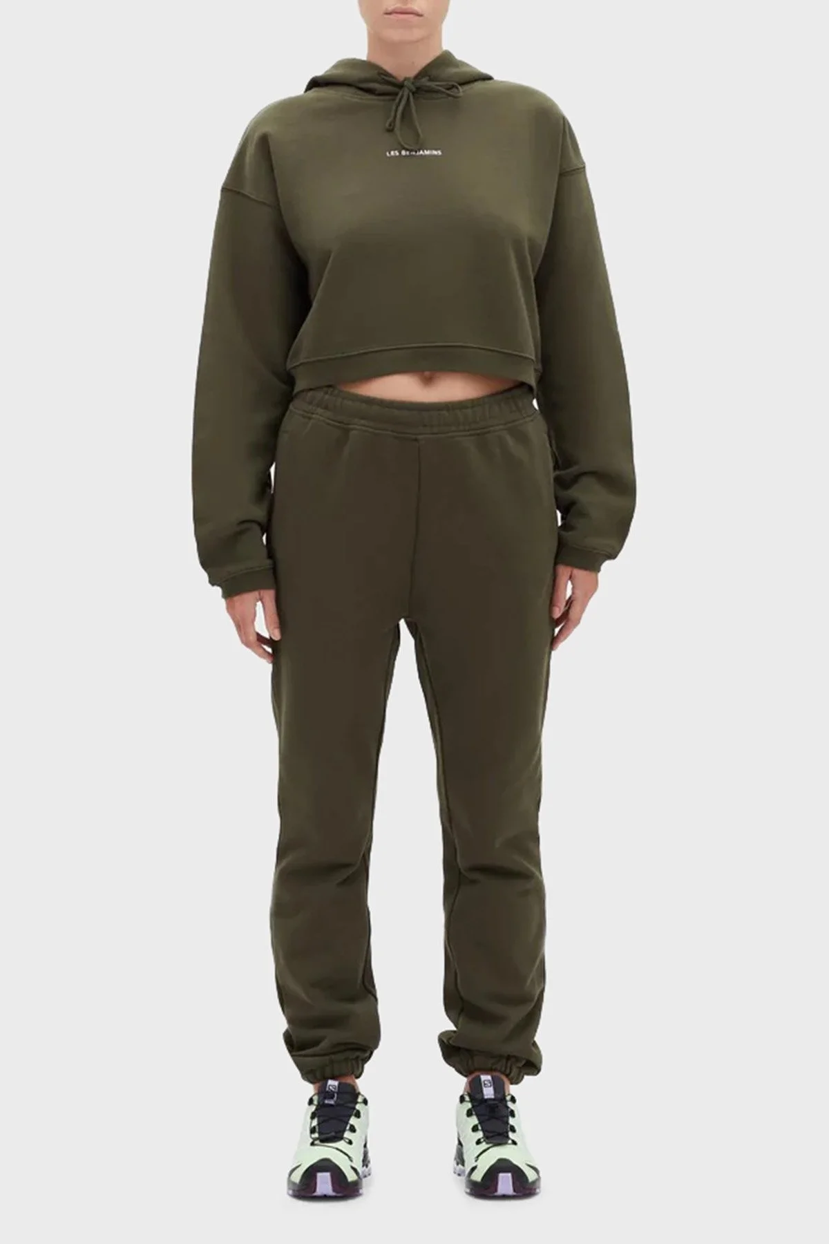 Les Benjamins Logolu Regular Fit Kapüşonlu % 100 Pamuk Crop Bayan Sweat LB22FWESSFUHD-302 HAKİ - 2