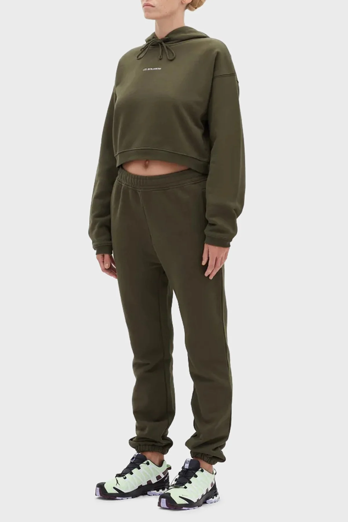 Les Benjamins Logolu Regular Fit Kapüşonlu % 100 Pamuk Crop Bayan Sweat LB22FWESSFUHD-302 HAKİ - 3