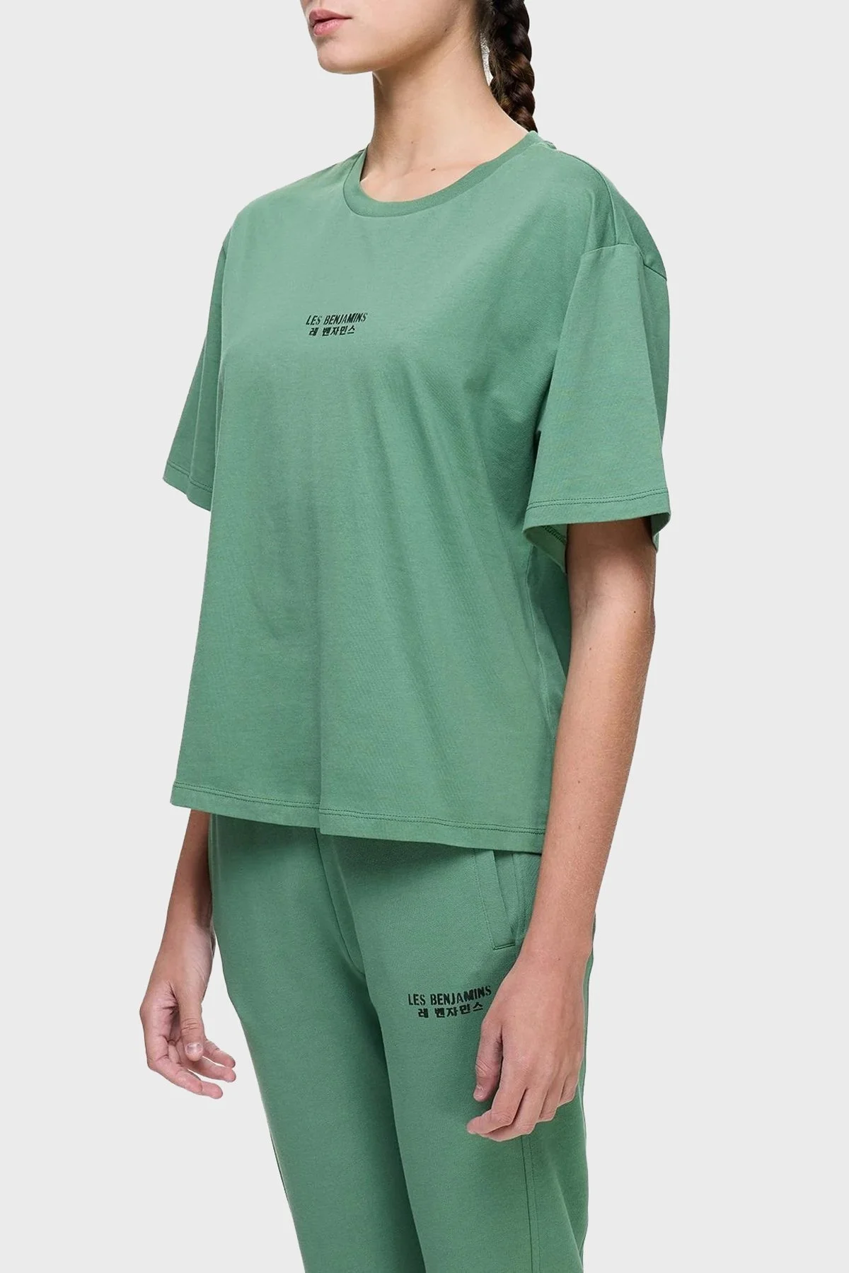 Les Benjamins Ön ve Arka Baskılı % 100 Pamuk Boxy Fit Bayan T Shirt LB25SSUNLFUTS-013 YEŞİL - 1