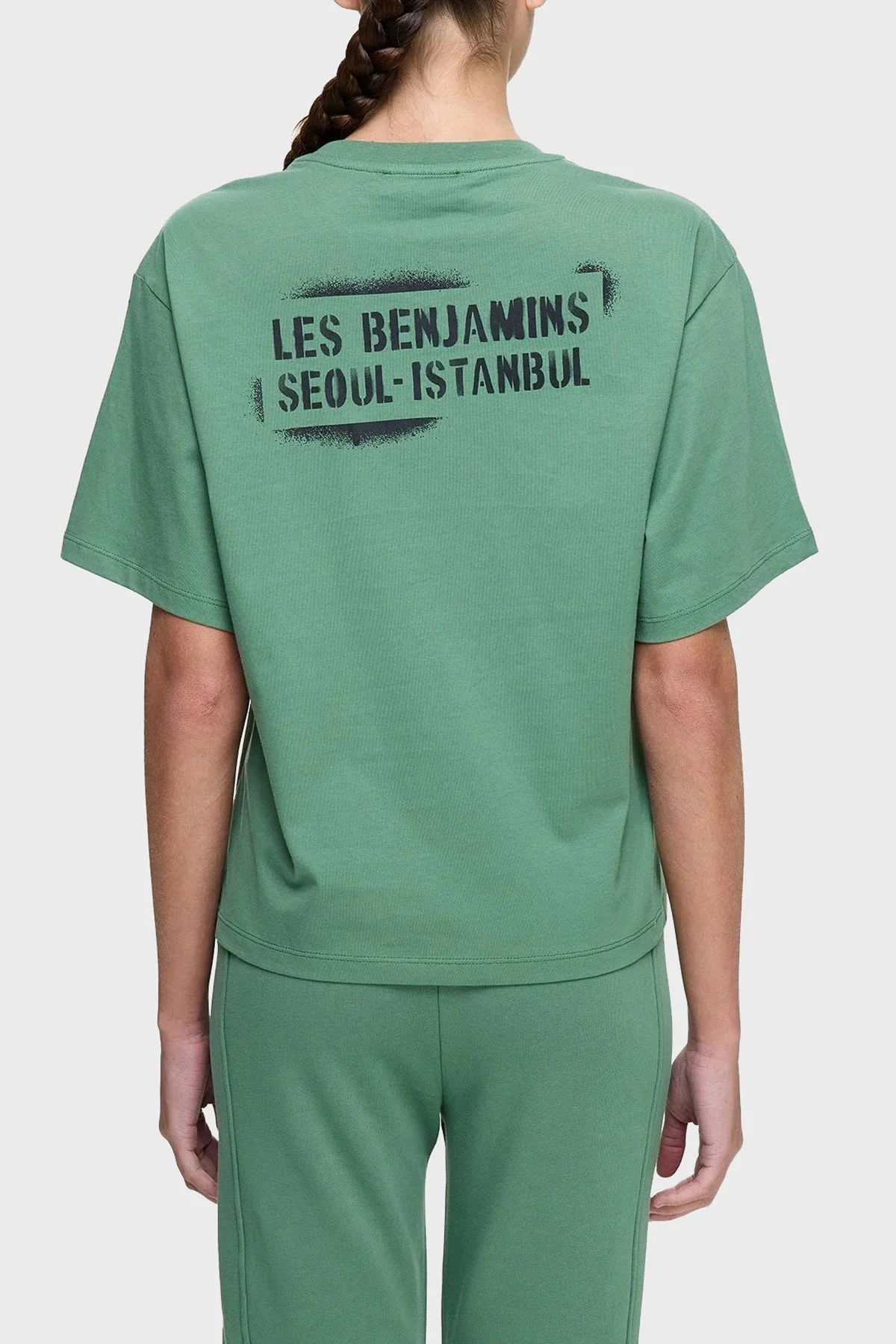Les Benjamins Ön ve Arka Baskılı % 100 Pamuk Boxy Fit Bayan T Shirt LB25SSUNLFUTS-013 YEŞİL - 3