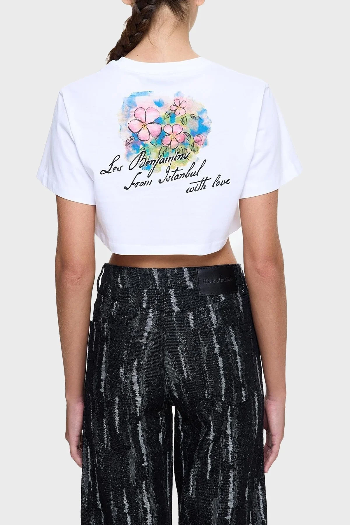 Les Benjamins Ön ve Arka Baskılı % 100 Pamuk Loose Fit Crop Bayan T Shirt LB25SSUNLFUTS-026 BEYAZ - 3