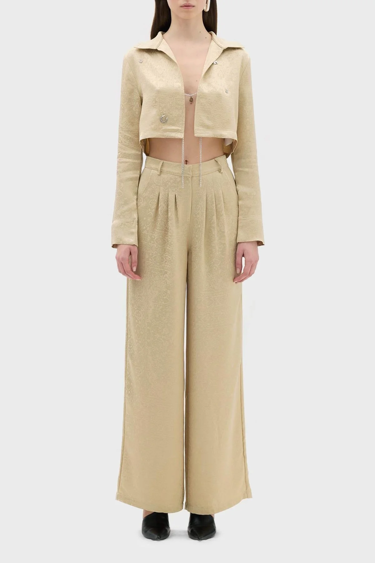 Les Benjamins Önü Pileli Yüksek Bel Rahat Kesim Geniş Paça Jakarlı Bayan Pantolon LB23SSHOEFUPT-105 BEJ - 1