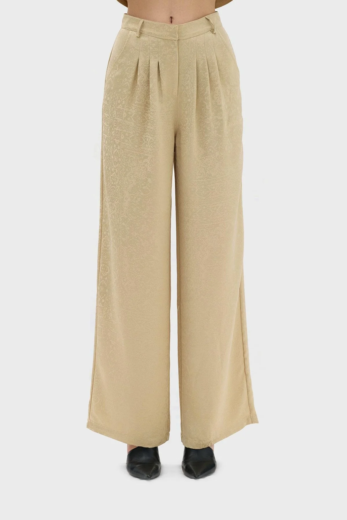 Les Benjamins Önü Pileli Yüksek Bel Rahat Kesim Geniş Paça Jakarlı Bayan Pantolon LB23SSHOEFUPT-105 BEJ - 2