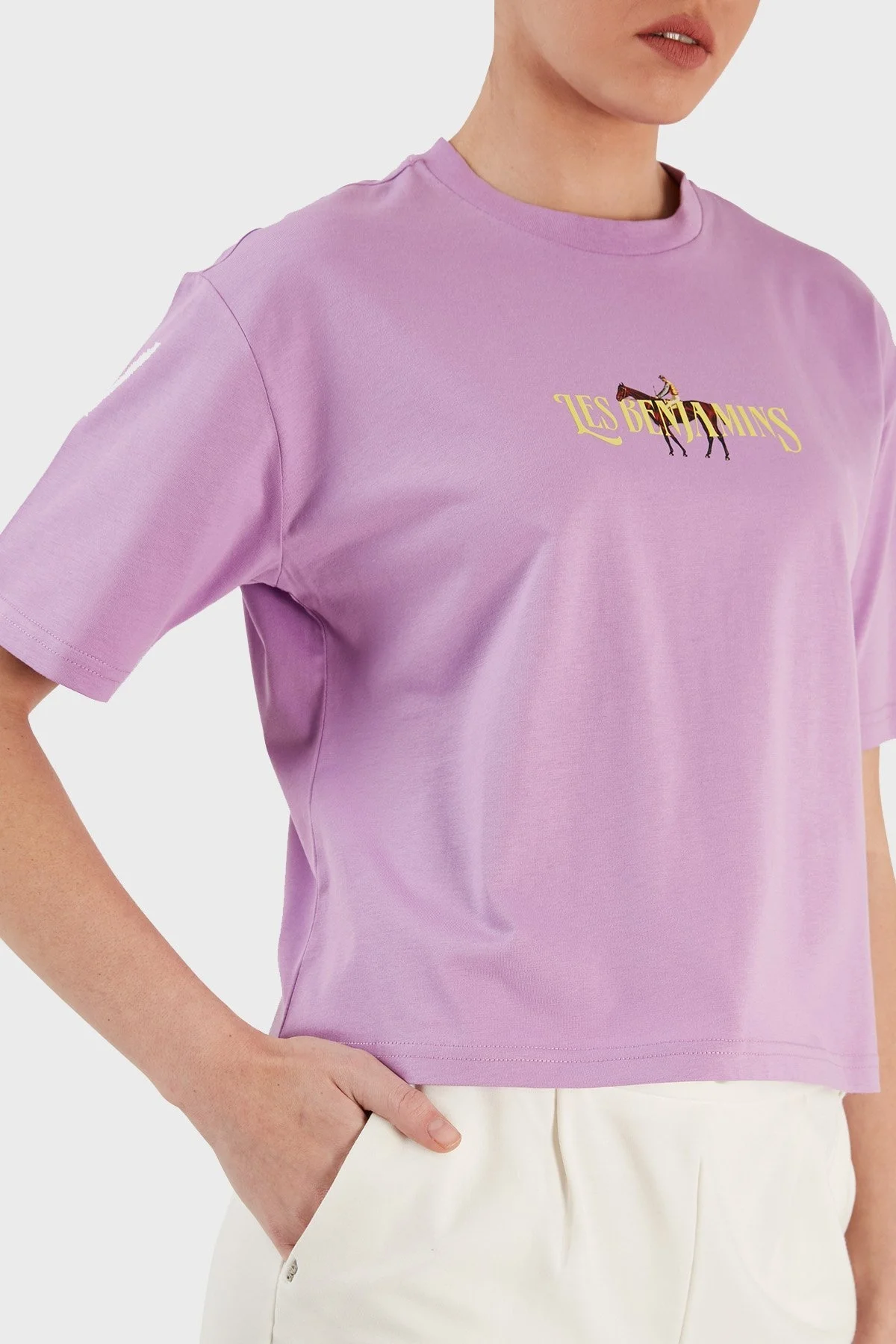 Les Benjamins Pamuklu Baskılı Loose Fit Bisiklet Yaka Bayan T Shirt LB23SSHOEFUTS-015 LİLA - 7