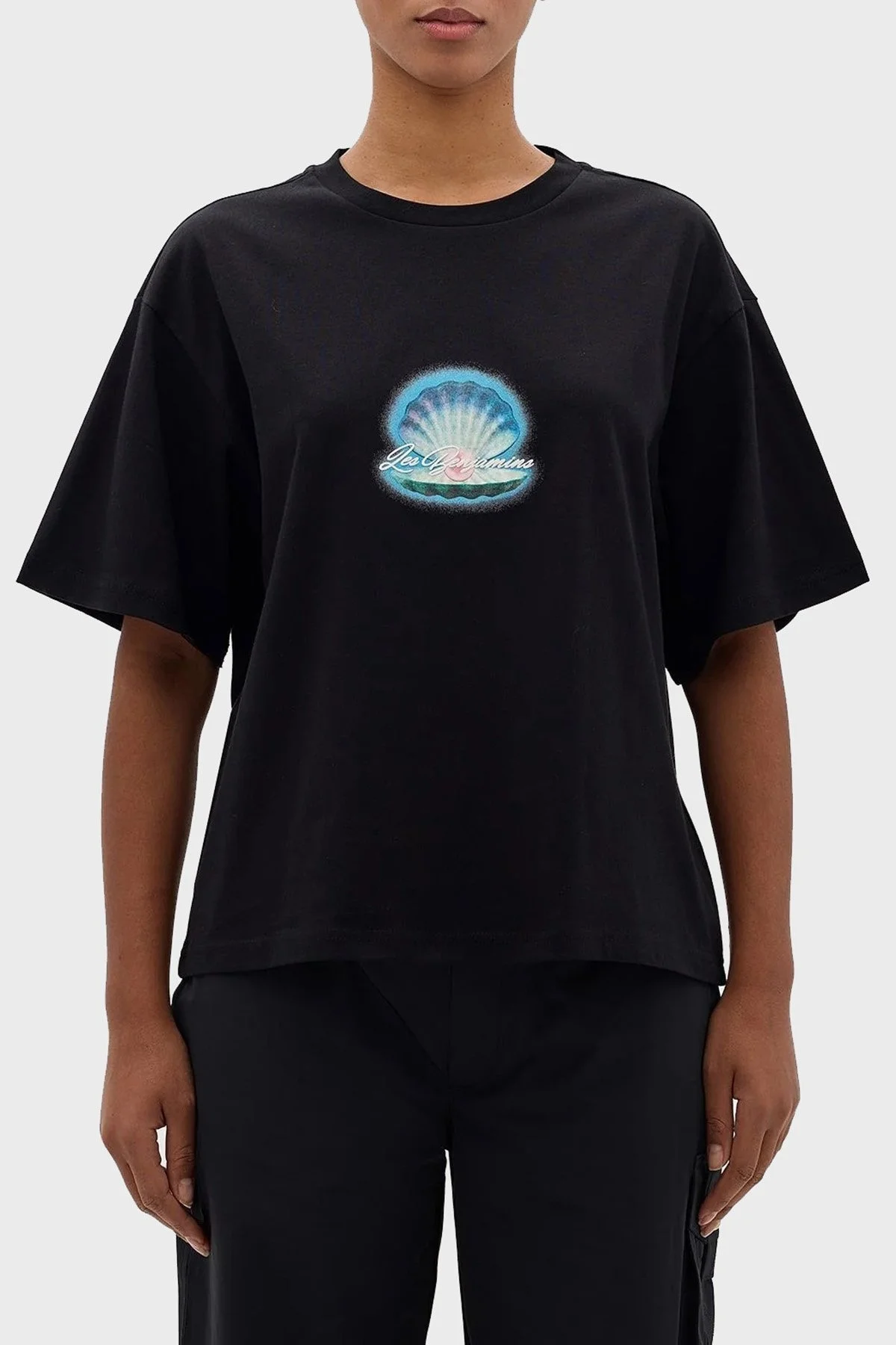 Les Benjamins Pamuklu Boxy Fit Bisiklet Yaka Bayan T Shirt LB24SSKISFUTS-015 SİYAH - 1