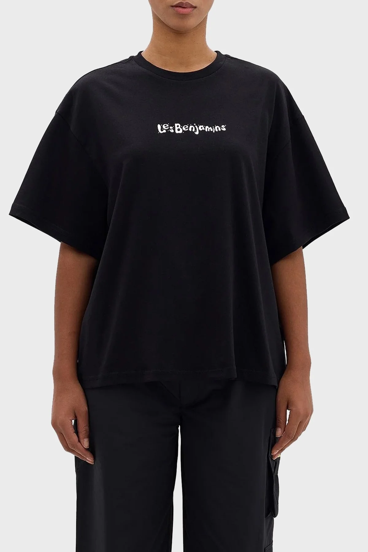 Les Benjamins Pamuklu Oversize Fit Bisiklet Yaka Bayan T Shirt LB24SSKISFUTS-026 SİYAH - 1