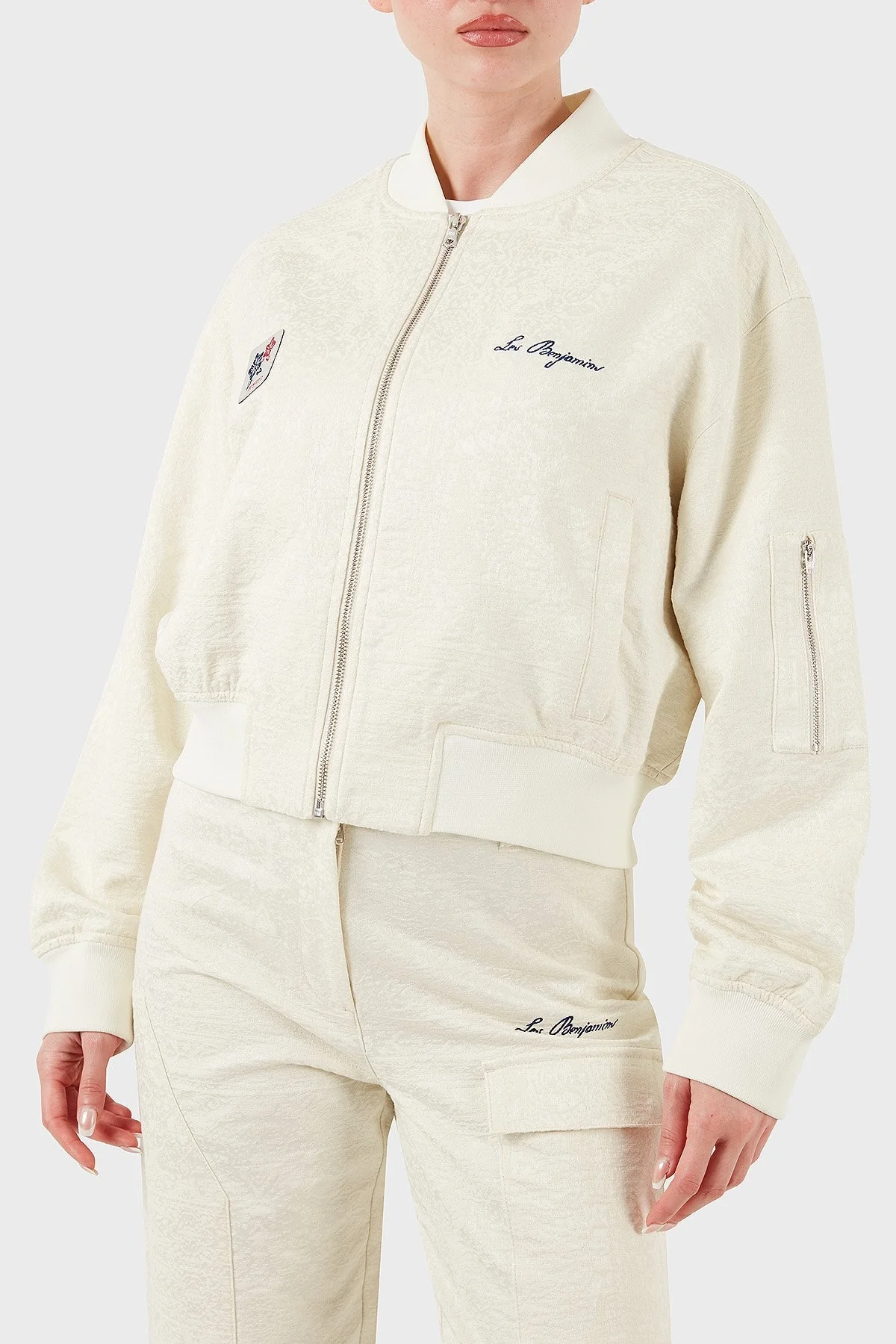 Les Benjamins Pamuklu Oversize Fit Kolej Yaka Sırt Baskılı Bomber Bayan Ceket LB25SSUNLFUBJ-001 EKRU - 11