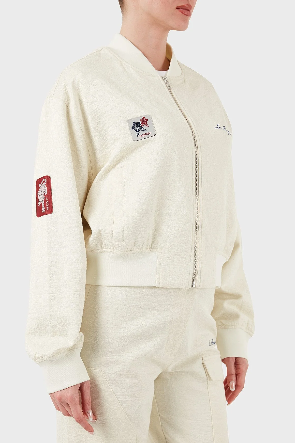 Les Benjamins Pamuklu Oversize Fit Kolej Yaka Sırt Baskılı Bomber Bayan Ceket LB25SSUNLFUBJ-001 EKRU - 12