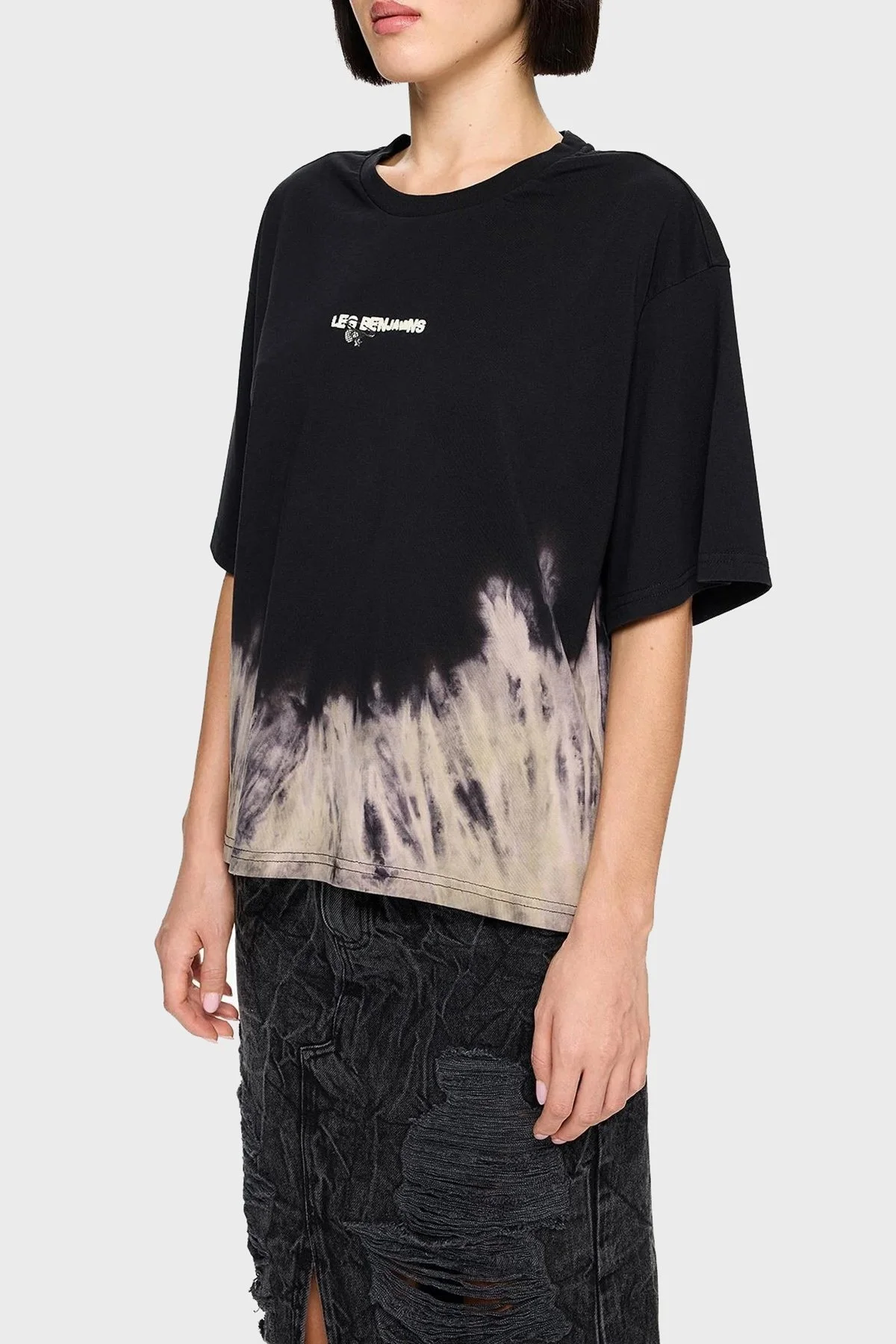 Les Benjamins Pamuklu Regular Fit Bisiklet Yaka Batik Bayan T Shirt LB24FWEAPFUTS-011 SİYAH - 1