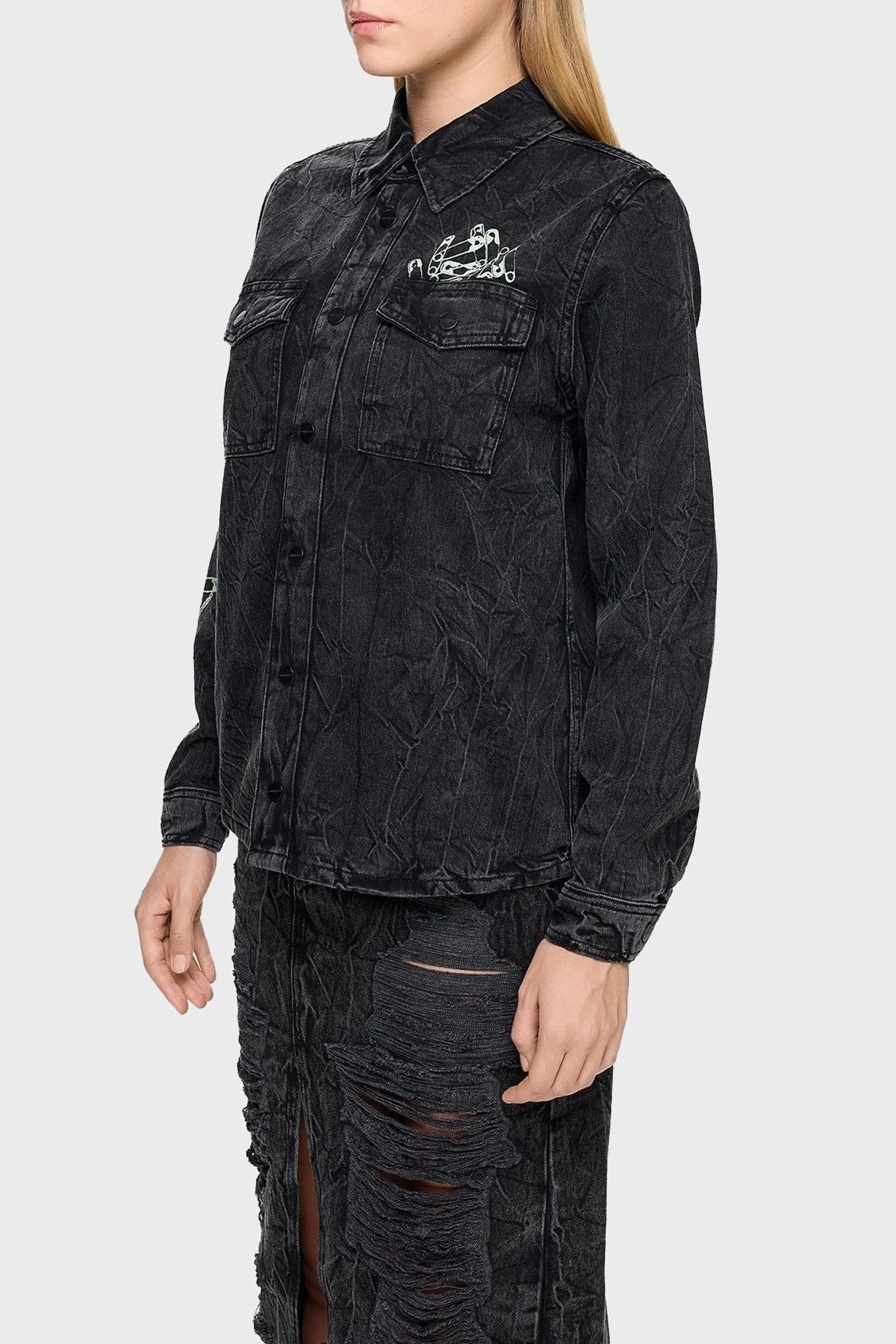 Les Benjamins Pamuklu Regular Fit Cepli Denim Bayan Gömlek LB24FWEAPFUSH-002 ANTRASİT - 1