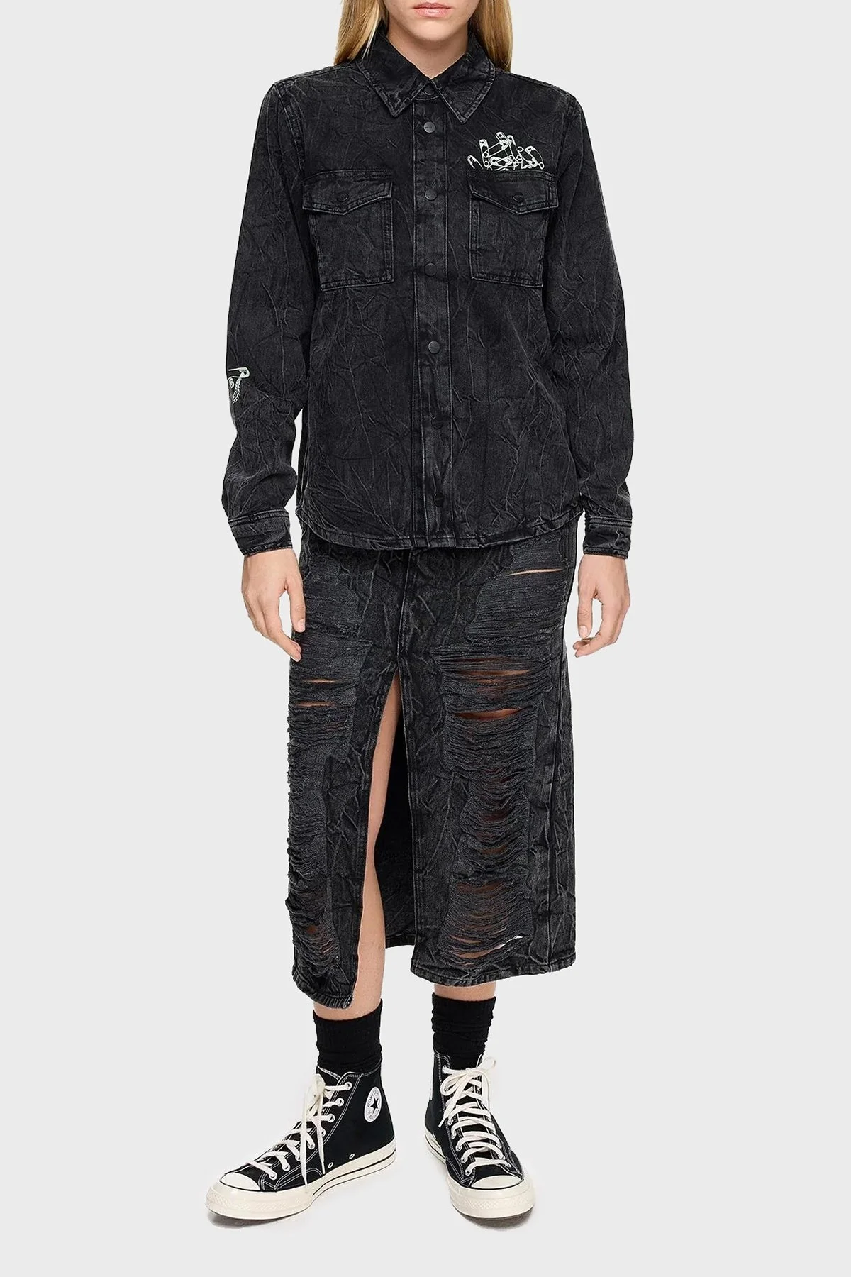 Les Benjamins Pamuklu Regular Fit Cepli Denim Bayan Gömlek LB24FWEAPFUSH-002 ANTRASİT - 2