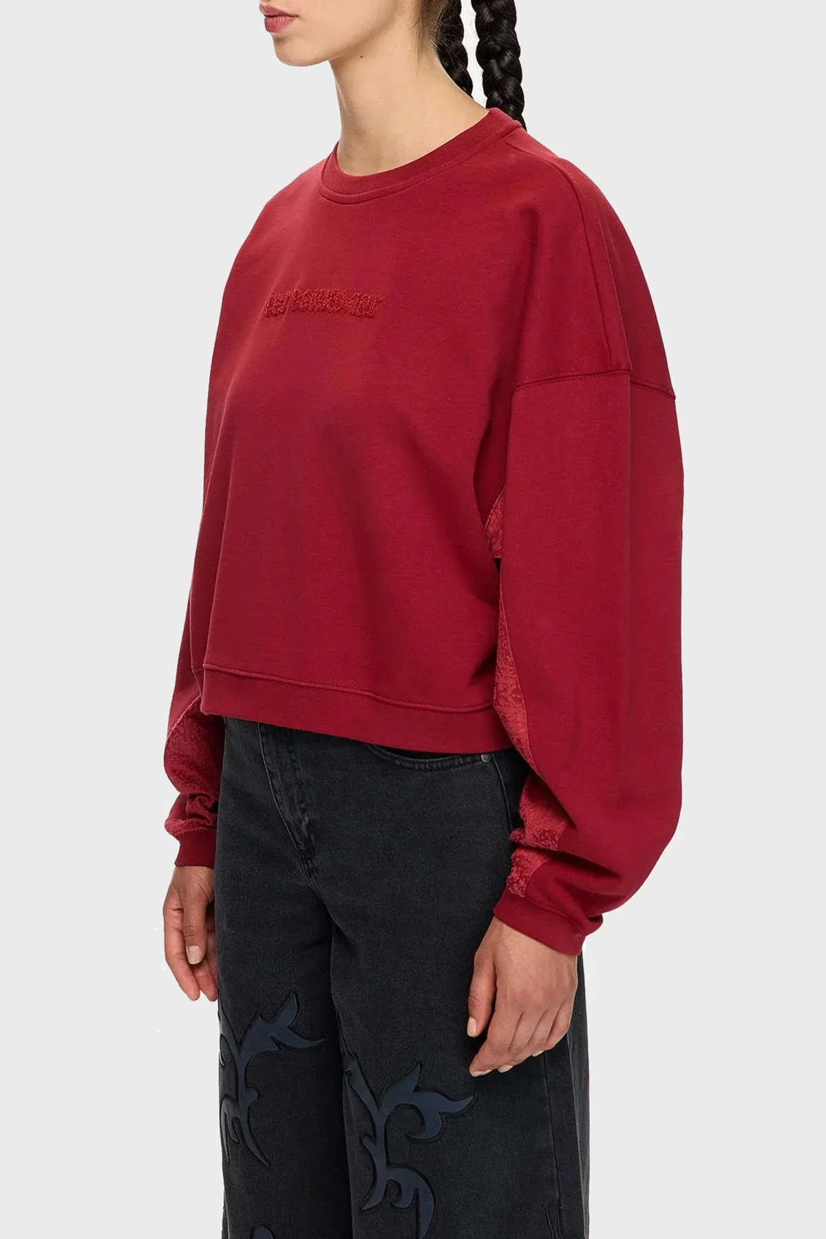 Les Benjamins Pamuklu Relaxed Fit Bisiklet Yaka Crop Bayan Sweat LB25FWTURFUSW-007 BORDO - 1