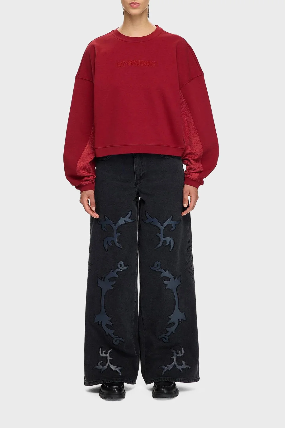 Les Benjamins Pamuklu Relaxed Fit Bisiklet Yaka Crop Bayan Sweat LB25FWTURFUSW-007 BORDO - 2