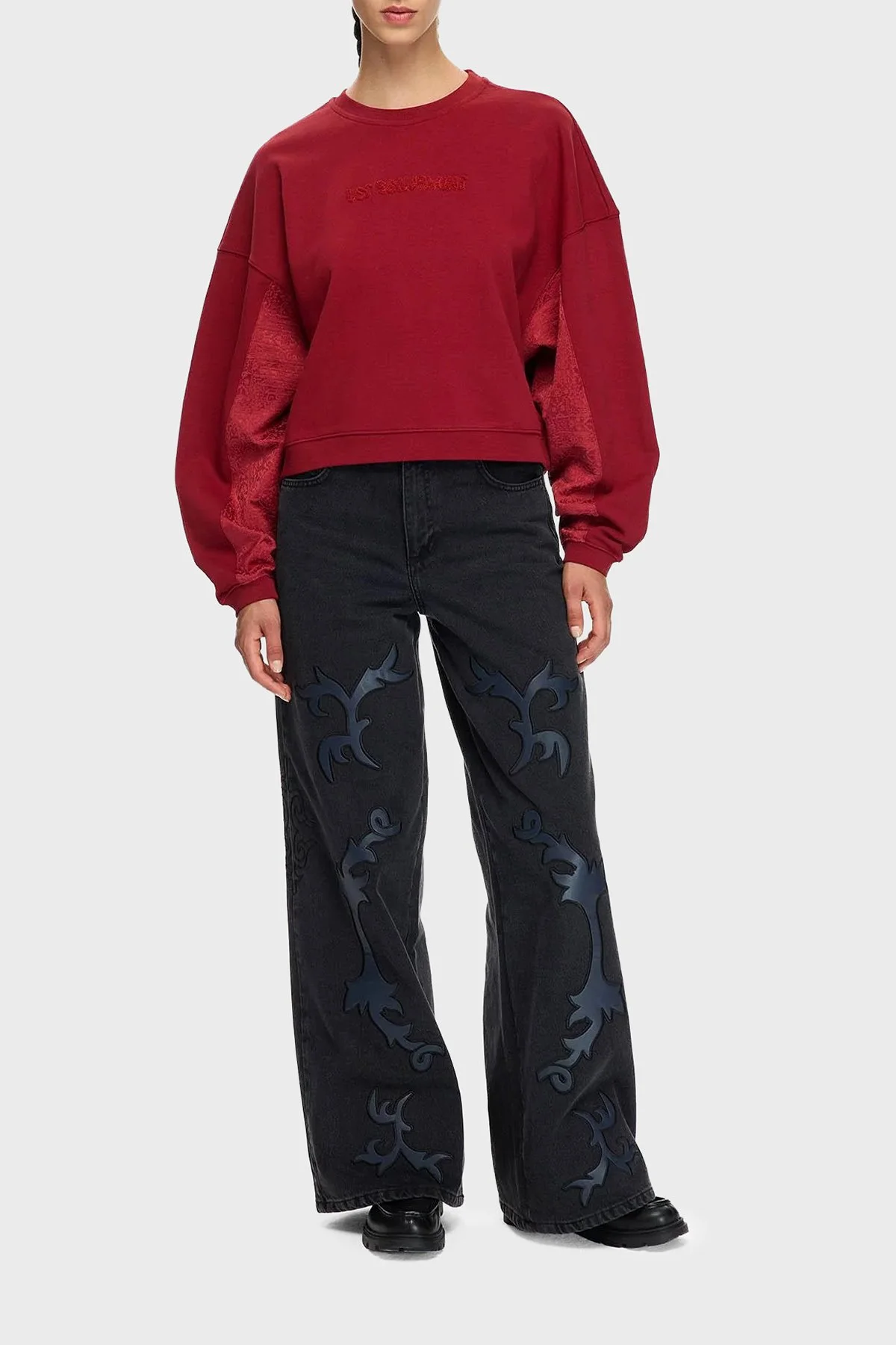 Les Benjamins Pamuklu Relaxed Fit Bisiklet Yaka Crop Bayan Sweat LB25FWTURFUSW-007 BORDO - 4