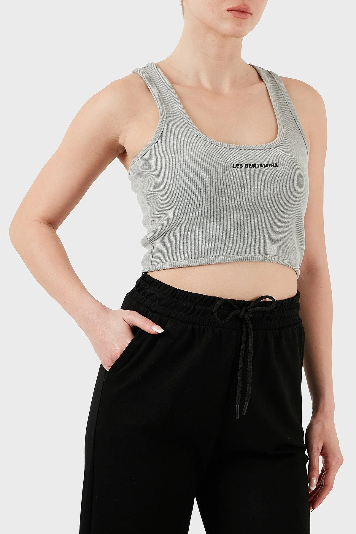 Les Benjamins Pamuklu Slim Fit Kare Yaka Logolu Bayan Top LBNOOSESSFUTN-308 GRİ MELANJ - 7