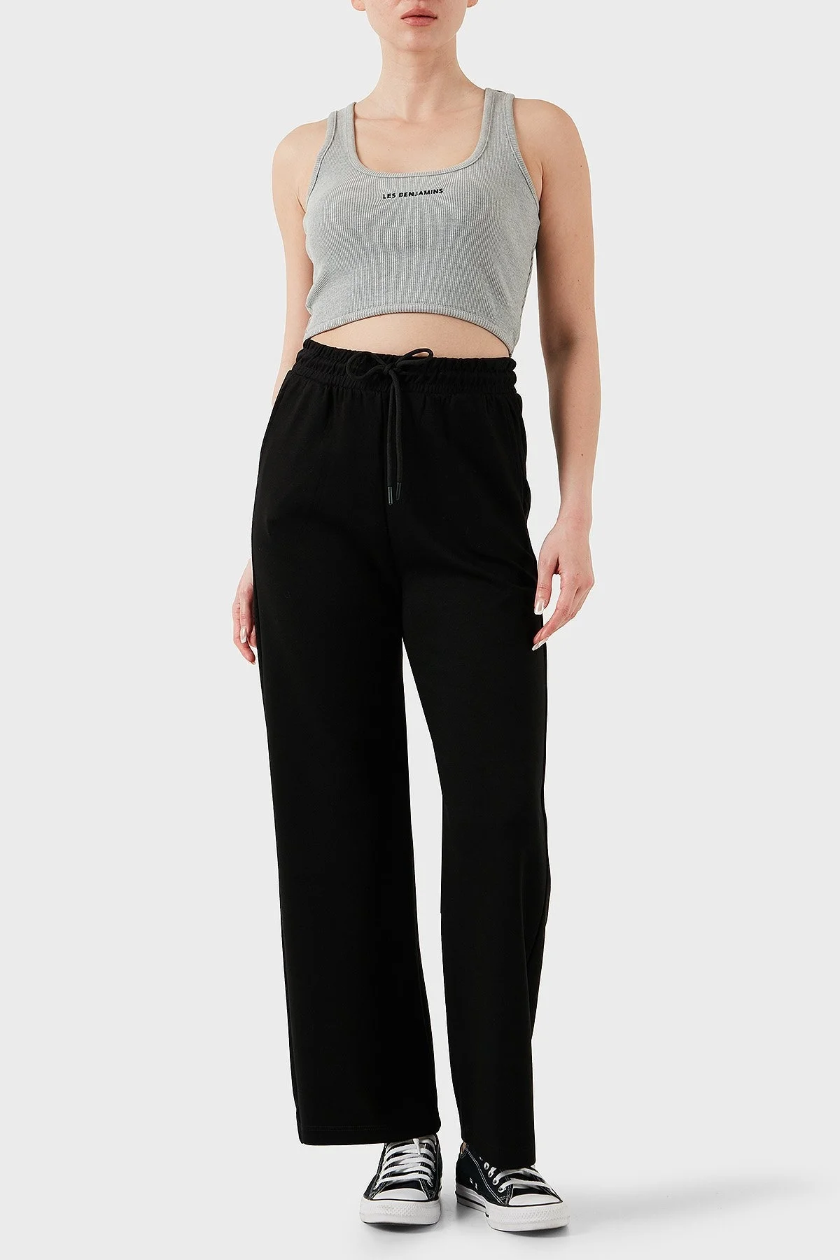 Les Benjamins Pamuklu Slim Fit Kare Yaka Logolu Bayan Top LBNOOSESSFUTN-308 GRİ MELANJ - 8