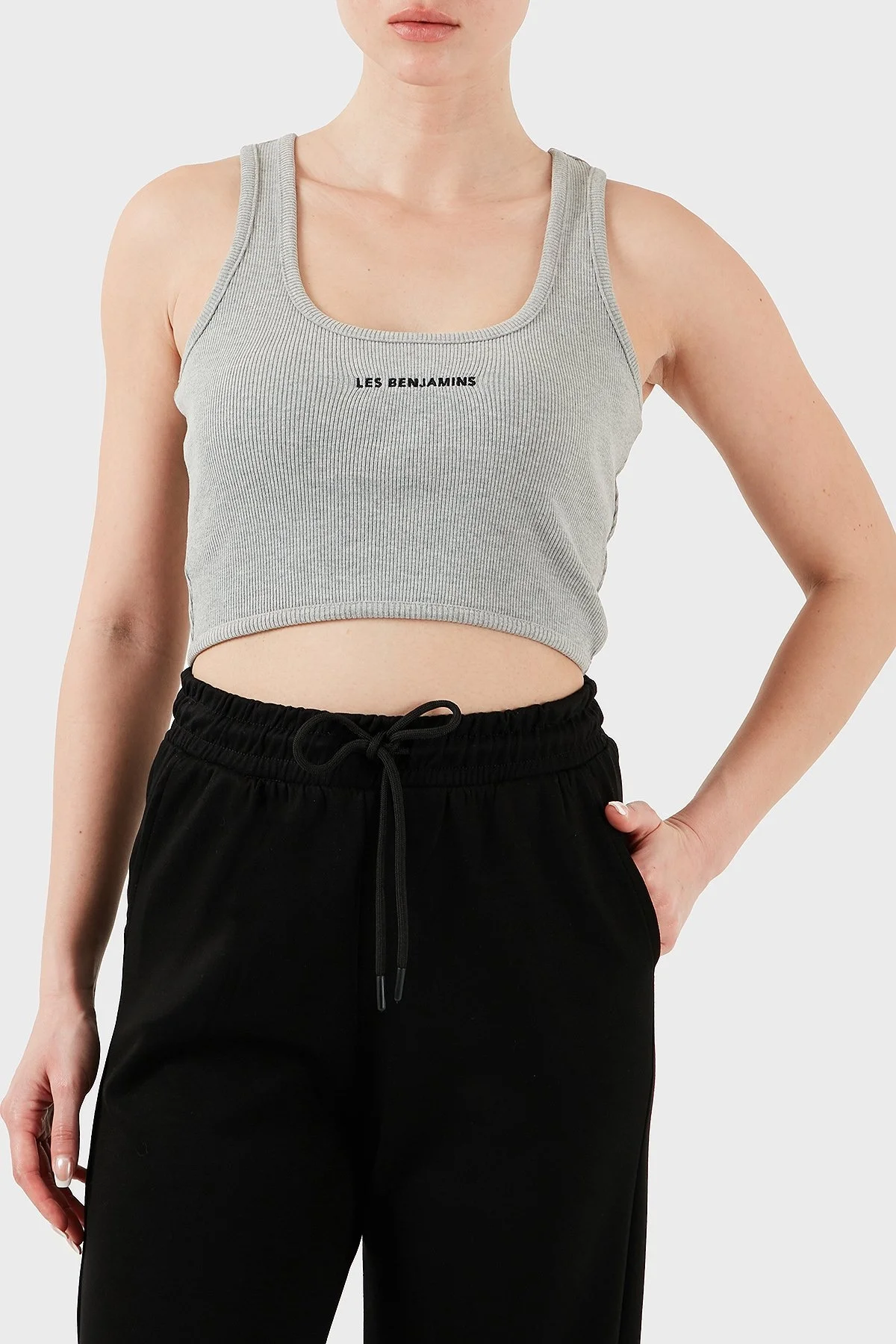 Les Benjamins Pamuklu Slim Fit Kare Yaka Logolu Bayan Top LBNOOSESSFUTN-308 GRİ MELANJ - 10