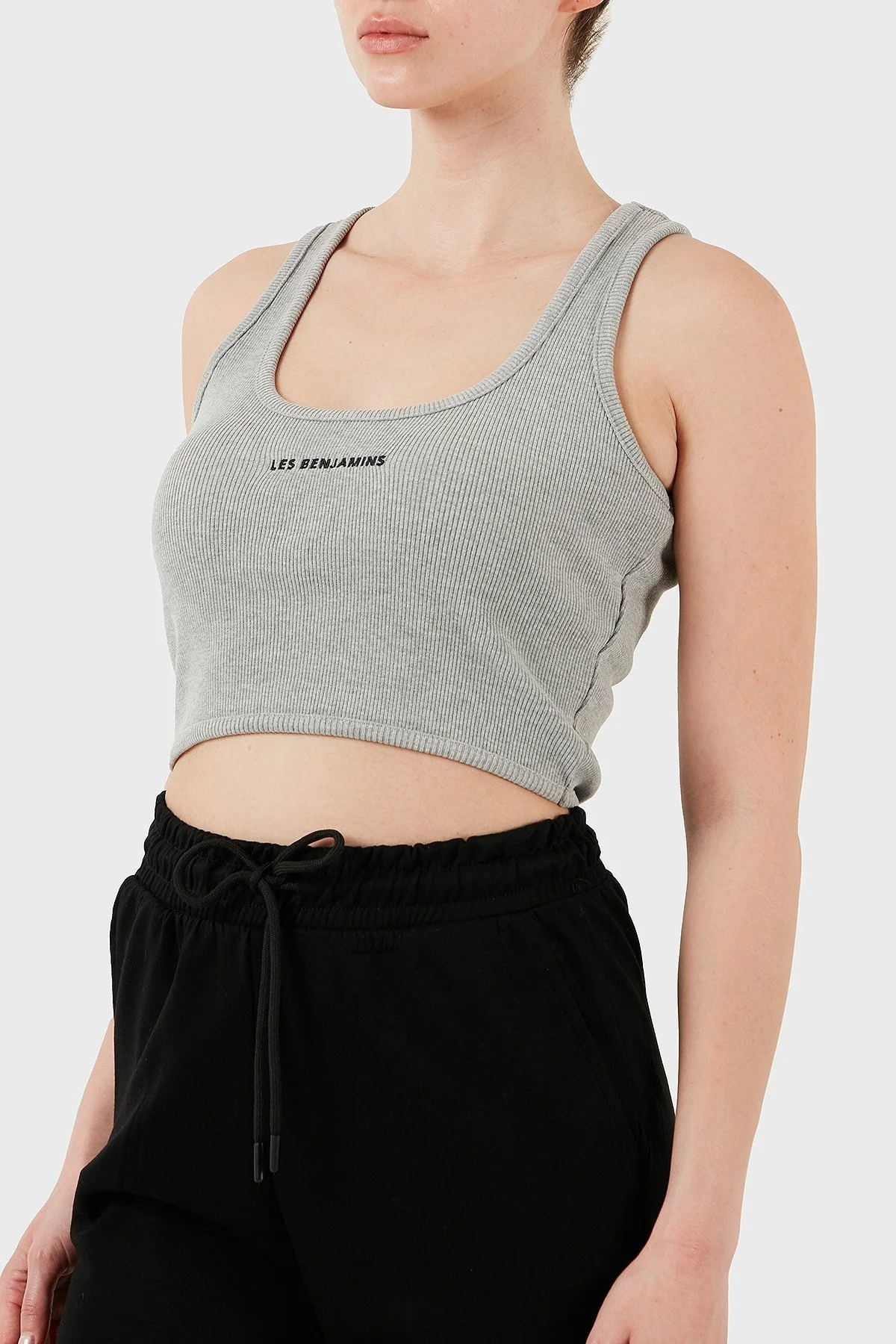 Les Benjamins Pamuklu Slim Fit Kare Yaka Logolu Bayan Top LBNOOSESSFUTN-308 GRİ MELANJ - 11