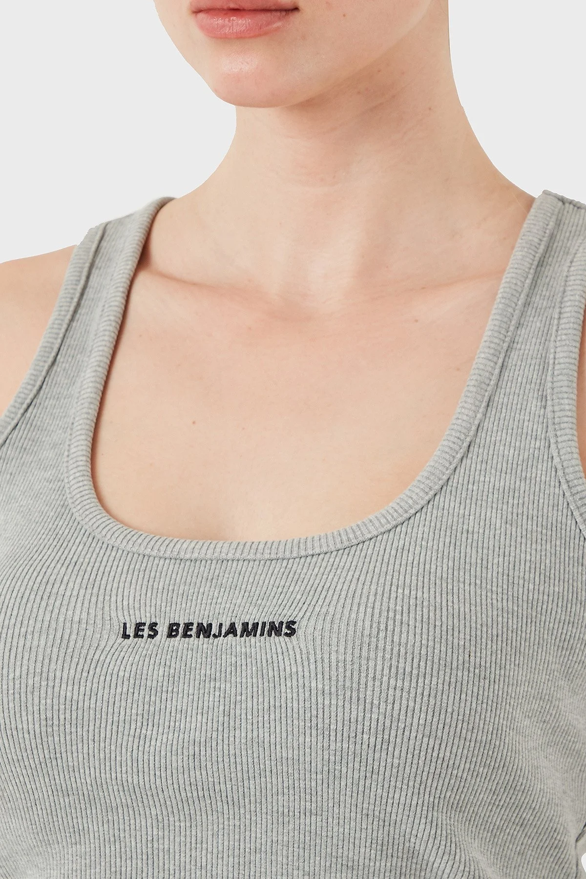 Les Benjamins Pamuklu Slim Fit Kare Yaka Logolu Bayan Top LBNOOSESSFUTN-308 GRİ MELANJ - 12