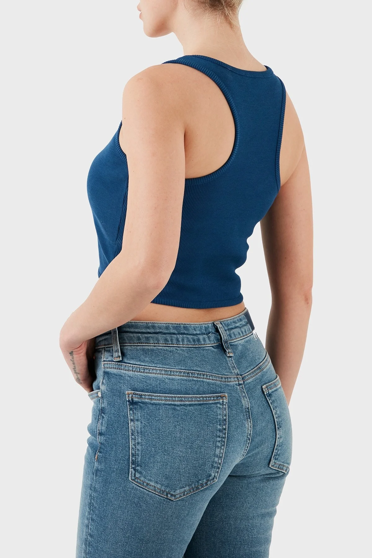 Les Benjamins Pamuklu Slim Fit Kare Yaka Logolu Bayan Top LBNOOSESSFUTN-309 LACİVERT - 9