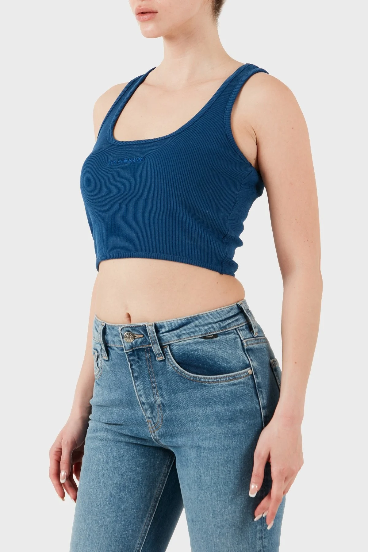 Les Benjamins Pamuklu Slim Fit Kare Yaka Logolu Bayan Top LBNOOSESSFUTN-309 LACİVERT - 10