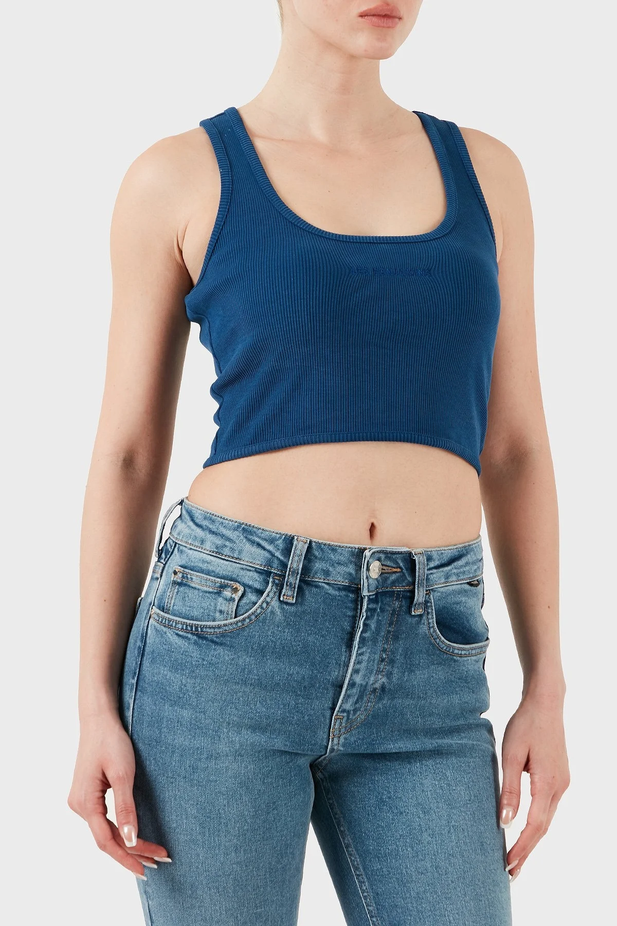 Les Benjamins Pamuklu Slim Fit Kare Yaka Logolu Bayan Top LBNOOSESSFUTN-309 LACİVERT - 11