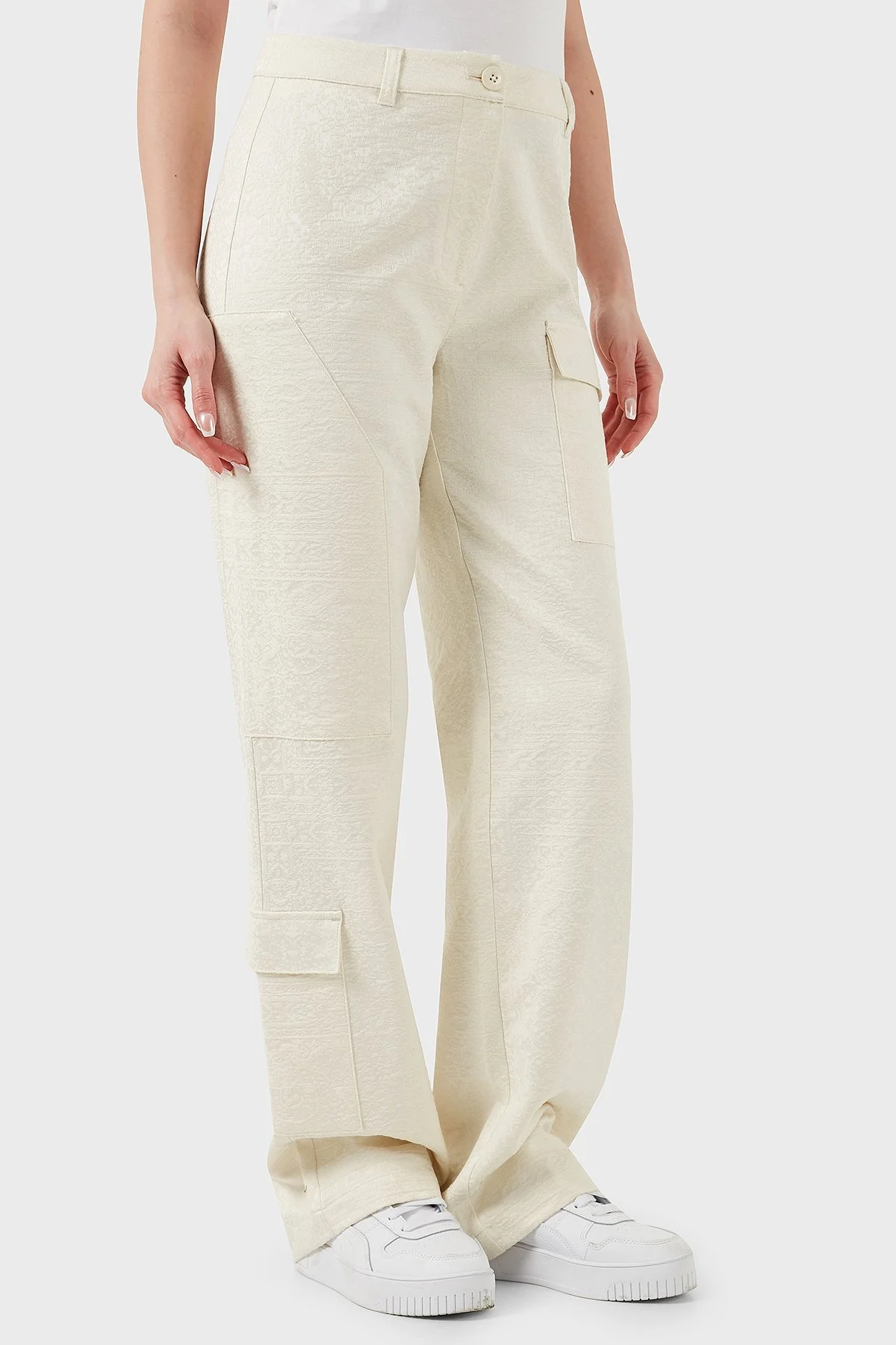 Les Benjamins Straight Fit Düz Paça Desenli Cep Detaylı Bayan Pantolon LB25SSUNLFUUP-002 EKRU - 10