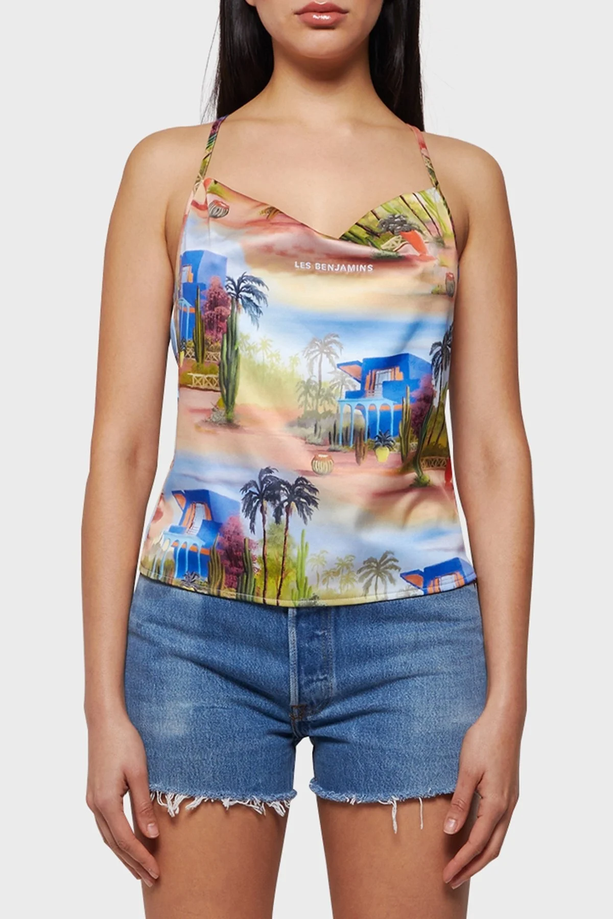 Les Benjamins Tropikal Baskılı Degaje Yaka İnce Askılı Bayan Bluz LB22SSTMJFUBU-006 MAVİ-YEŞİL - 1