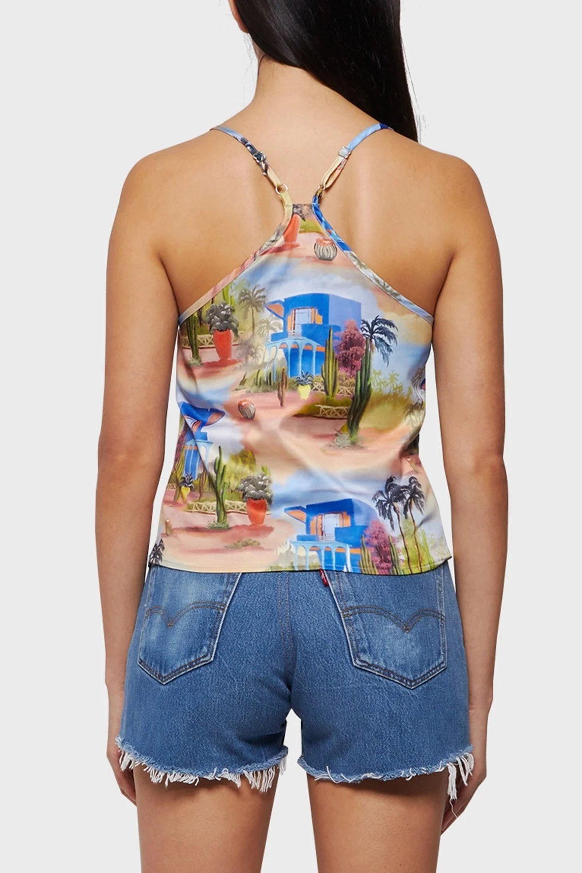 Les Benjamins Tropikal Baskılı Degaje Yaka İnce Askılı Bayan Bluz LB22SSTMJFUBU-006 MAVİ-YEŞİL - 2