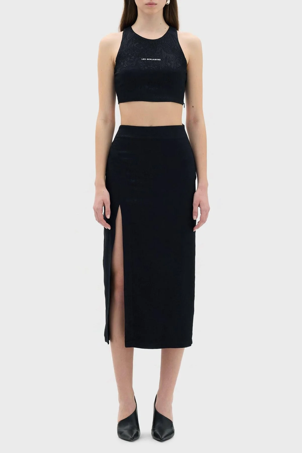 Les Benjamins Yüksek Bel Yırtmaçlı Jakarlı Midi Kalem Bayan Etek LB23SSHOEFUSK-103 SİYAH - 1