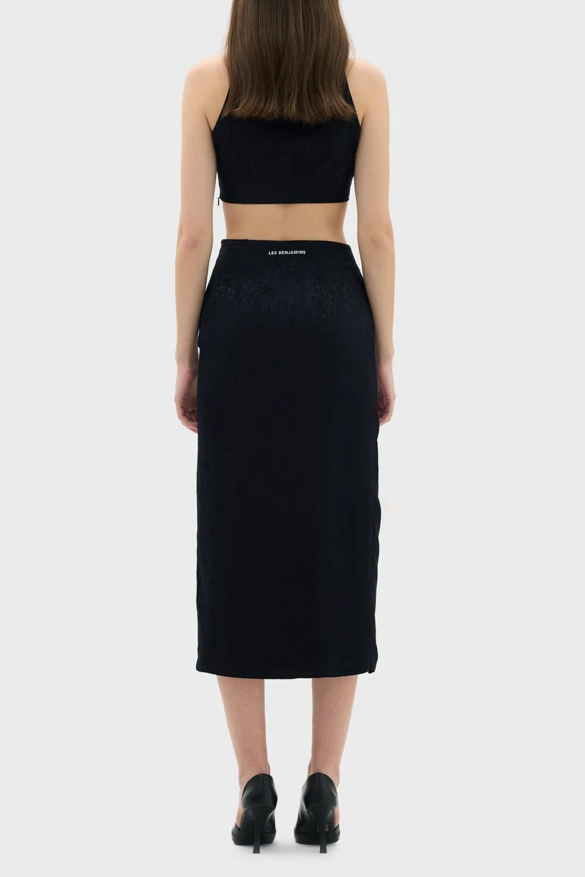 Les Benjamins Yüksek Bel Yırtmaçlı Jakarlı Midi Kalem Bayan Etek LB23SSHOEFUSK-103 SİYAH - 3