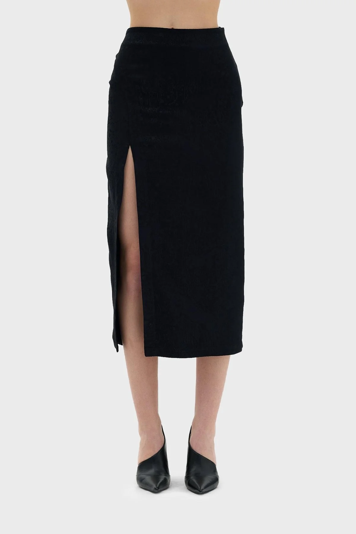 Les Benjamins Yüksek Bel Yırtmaçlı Jakarlı Midi Kalem Bayan Etek LB23SSHOEFUSK-103 SİYAH - 4