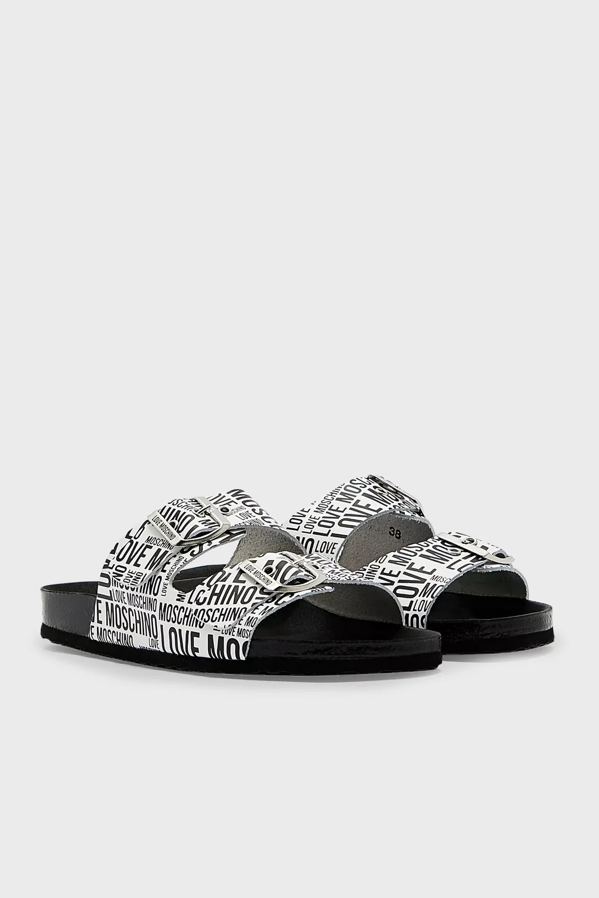 Love Moschino Logo Desenli Çift Tokalı Deri Bayan Terlik S JA28073G1CIJ010A BEYAZ - 2