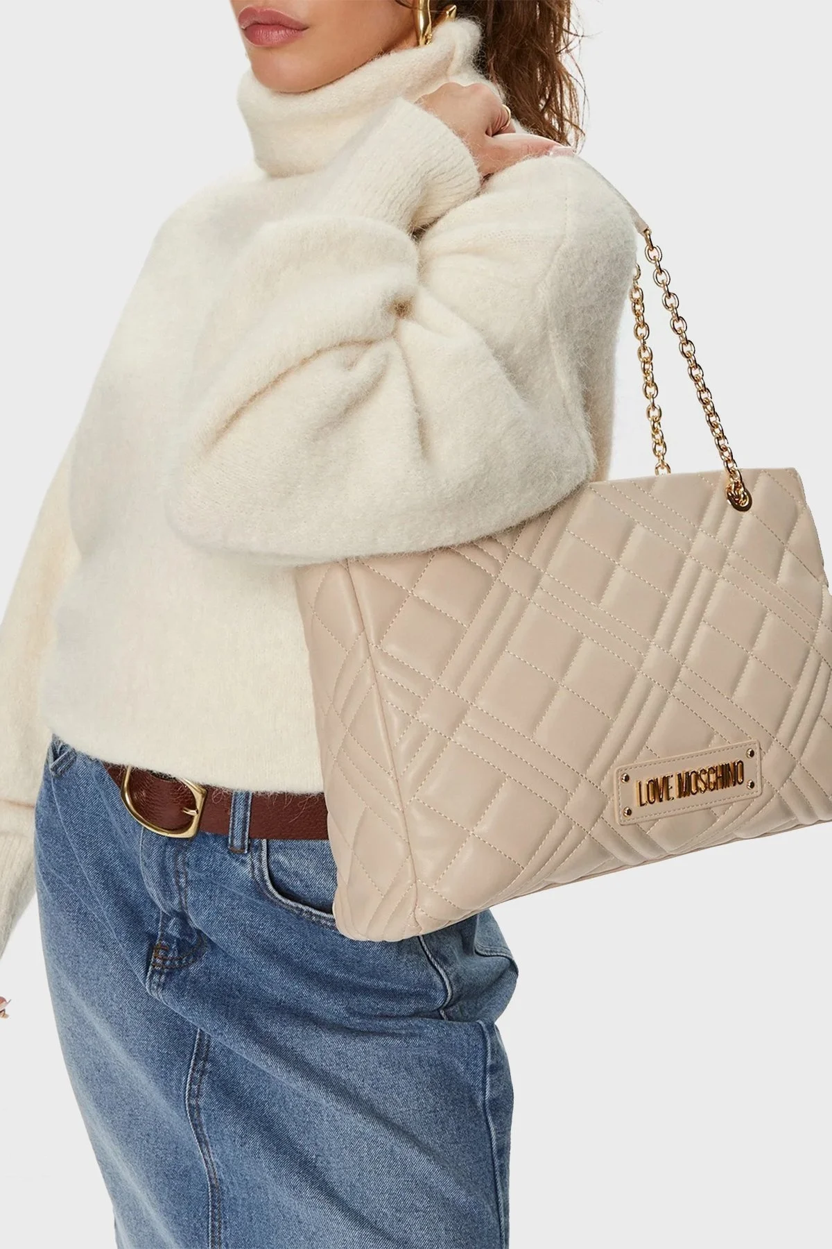 Love Moschino Logolu Zincir Askılı Kapitone Bayan Çanta JC4145PP1LLA0110 BEJ - 2