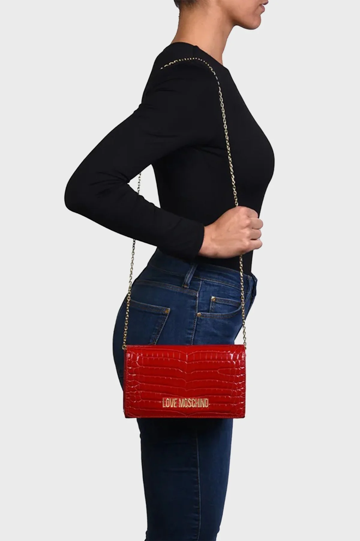 Love Moschino Logolu Zincir Askılı Krokodil Dokulu Bayan Çanta JC4079PP0LKJ0500 KIRMIZI - 6