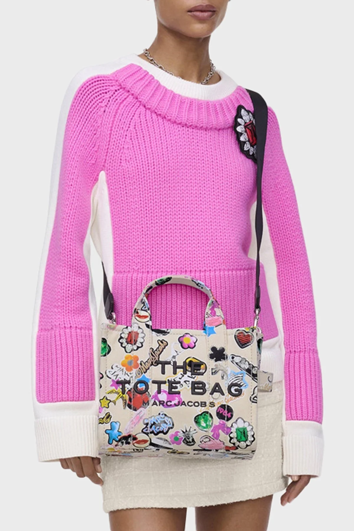 Marc Jacobs % 100 Pamuk Baskılı Çıkarılabilir Askılı Tote Bayan Çanta 2S5HTT002H03 101 BEYAZ - 9