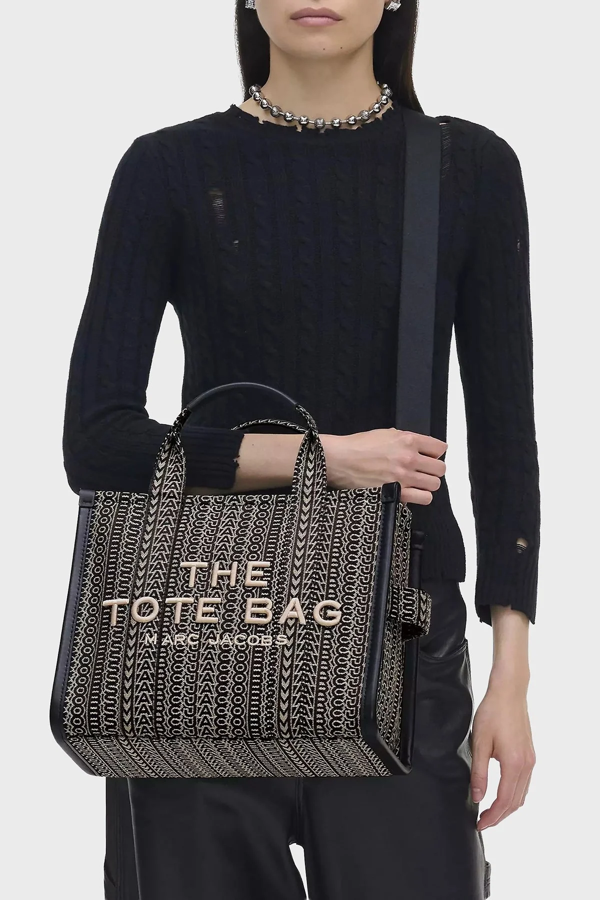 Marc Jacobs Pamuklu Jakarlı Çıkarılabilir Askılı Medium Tote Bayan Çanta 2F4HTT015H05 261 SİYAH-BEJ - 2