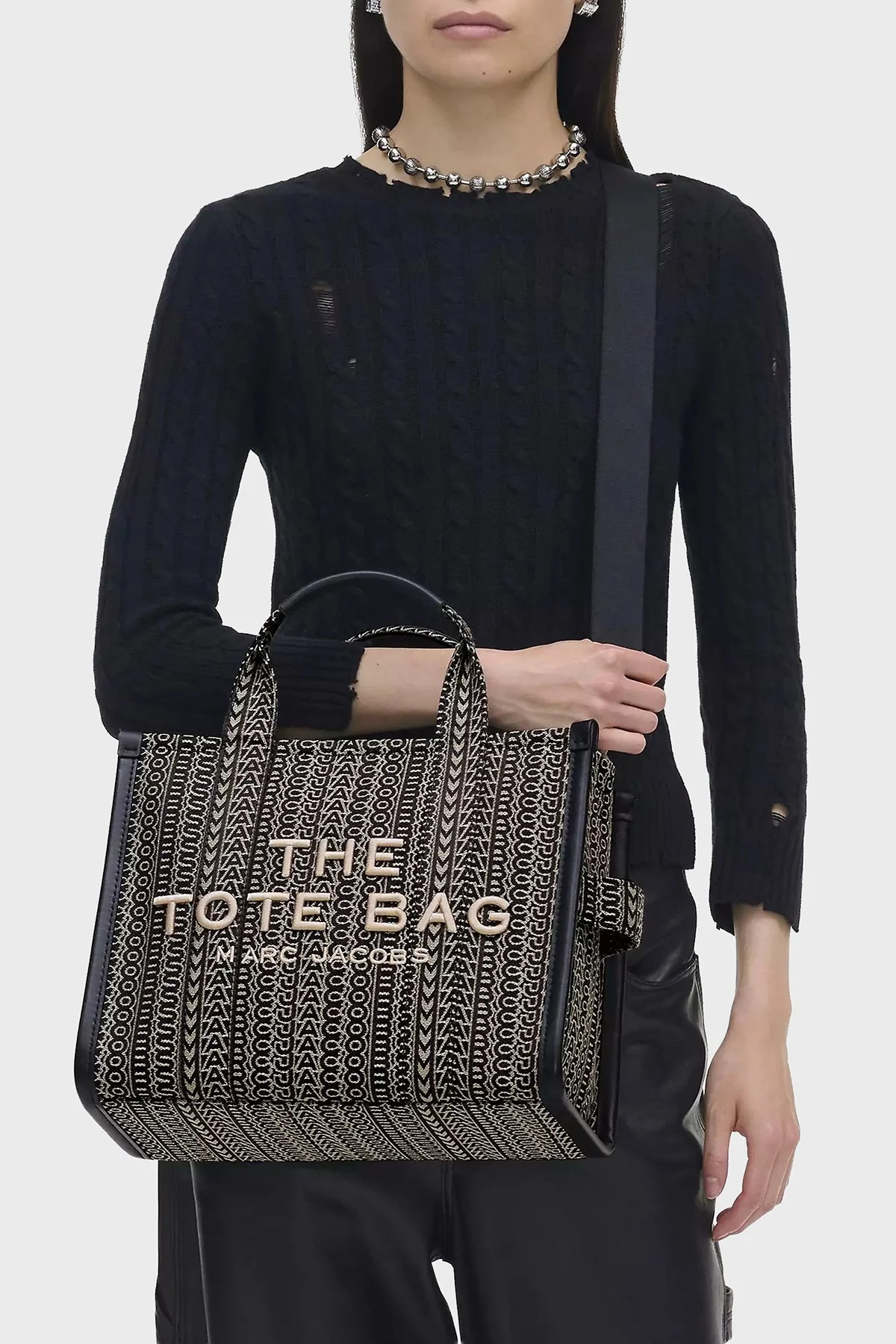 Marc Jacobs Pamuklu Jakarlı Çıkarılabilir Askılı Medium Tote Kadın Çanta 2F4HTT015H05 261 SİYAH-BEJ - 2