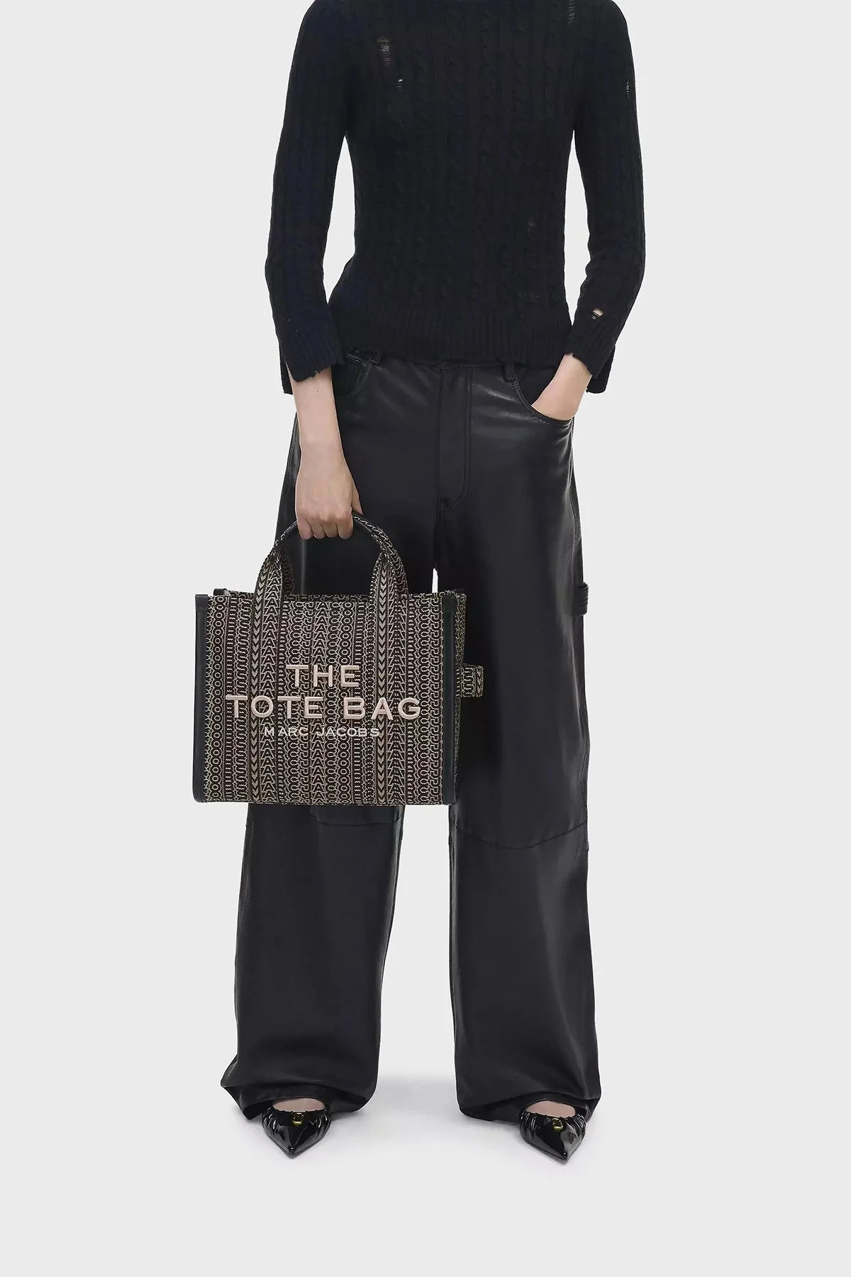 Marc Jacobs Pamuklu Jakarlı Çıkarılabilir Askılı Medium Tote Kadın Çanta 2F4HTT015H05 261 SİYAH-BEJ - 3