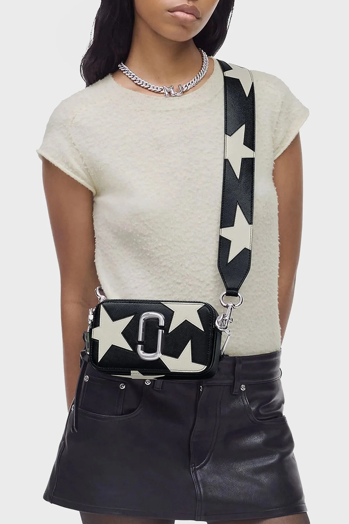 Marc Jacobs Yıldız Desenli Deri Çıkarılabilir Askılı Bayan Çanta 2R4HCR013H02 005 SİYAH-BEYAZ - 9