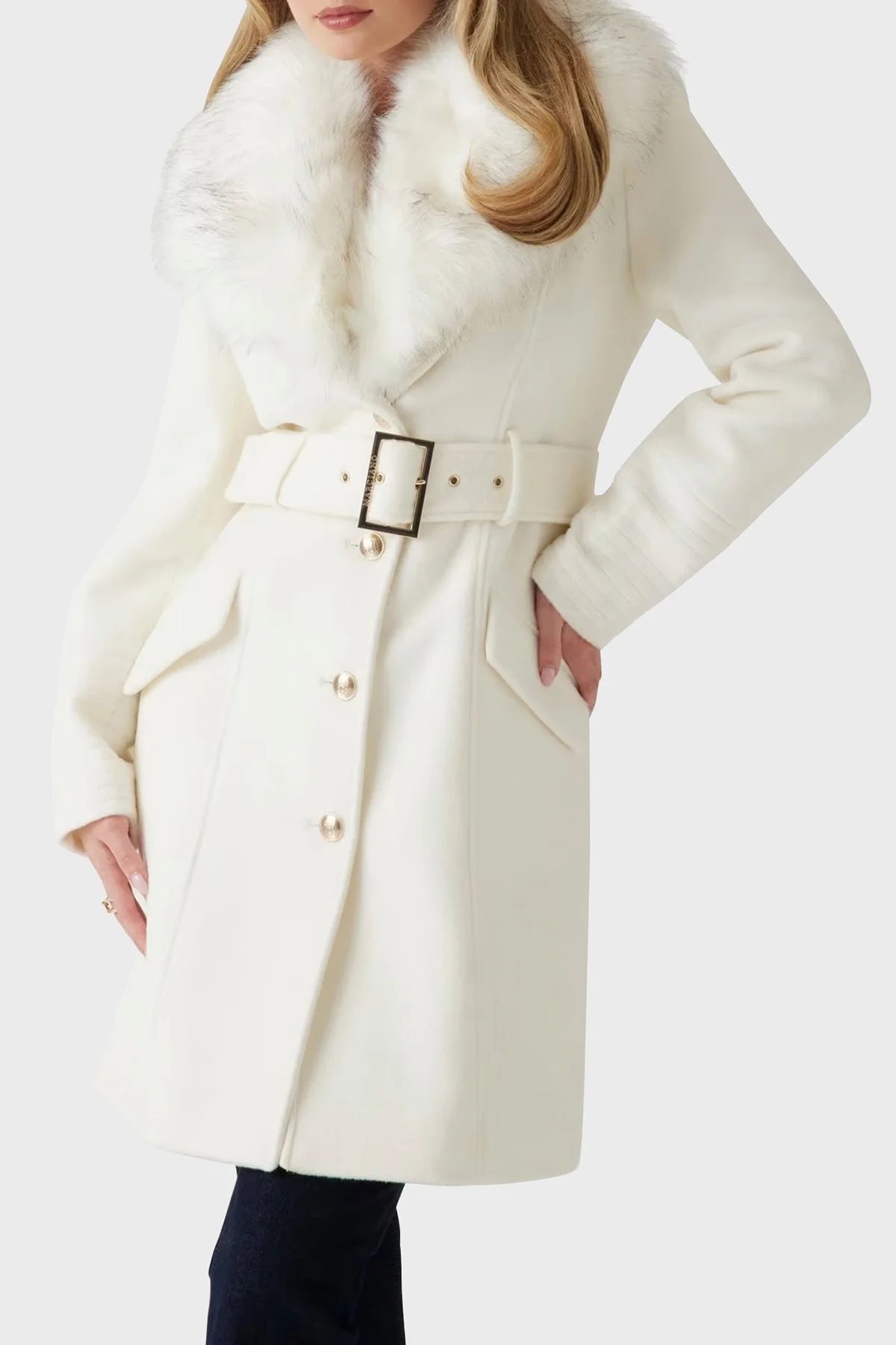 Marciano by Guess Loreta Yün Karışımlı Regular Fit Kemerli Peluş Yaka 4BGL041799Z Kadın Kaban 4BGL04 1799Z F1AB EKRU - 2