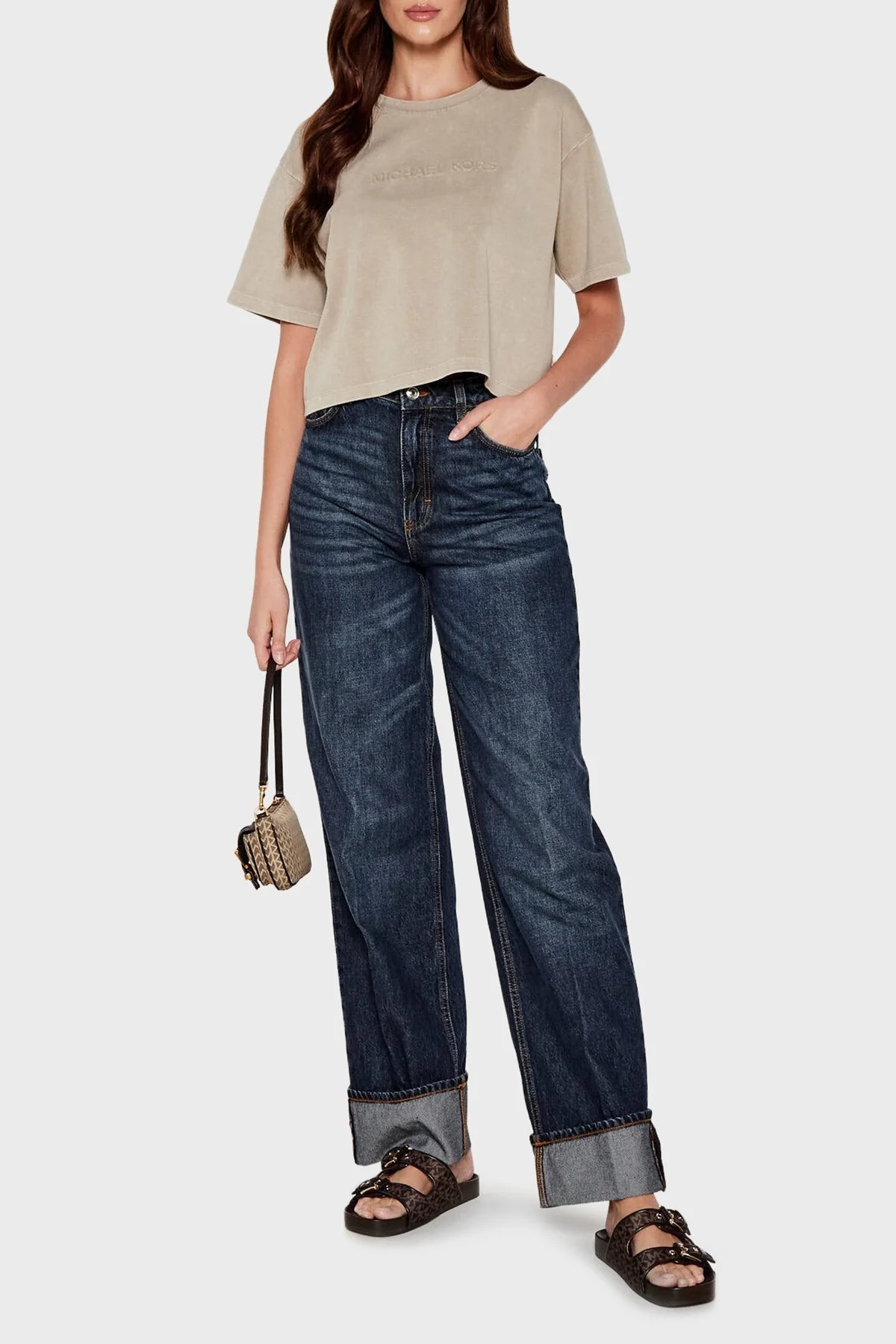 Michael Kors Logo Baskılı Çift Bantlı Kemerli 40T5BYFS1D200 Bayan Terlik 40T5BYFS1D 200 KAHVE - 2