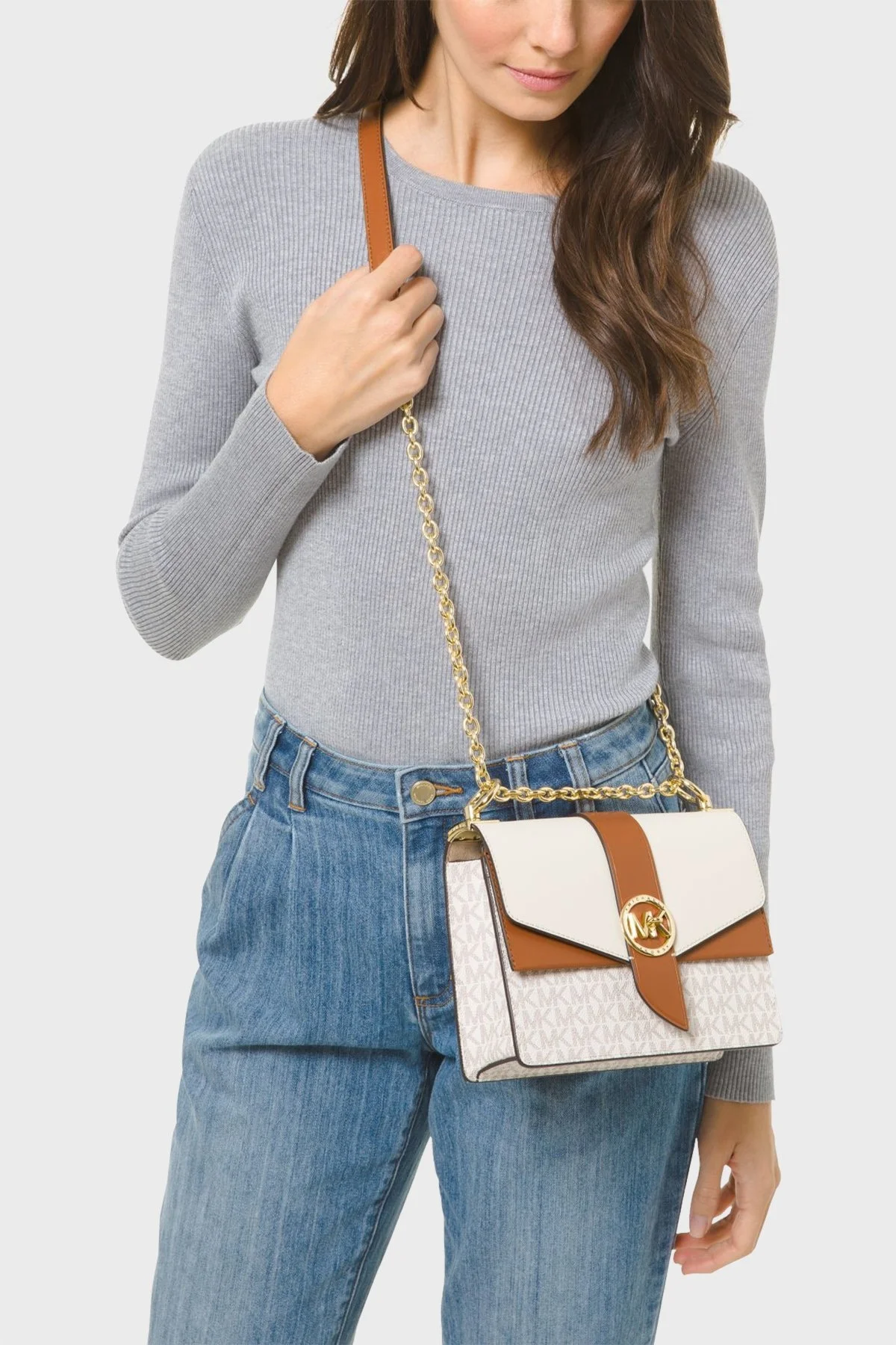 Michael Kors Logolu Ayarlanabilir Uzatma Askılı % 100 Deri Greenwich Bayan Çanta 32S1GGRC0B 149 VANİLYA - 6