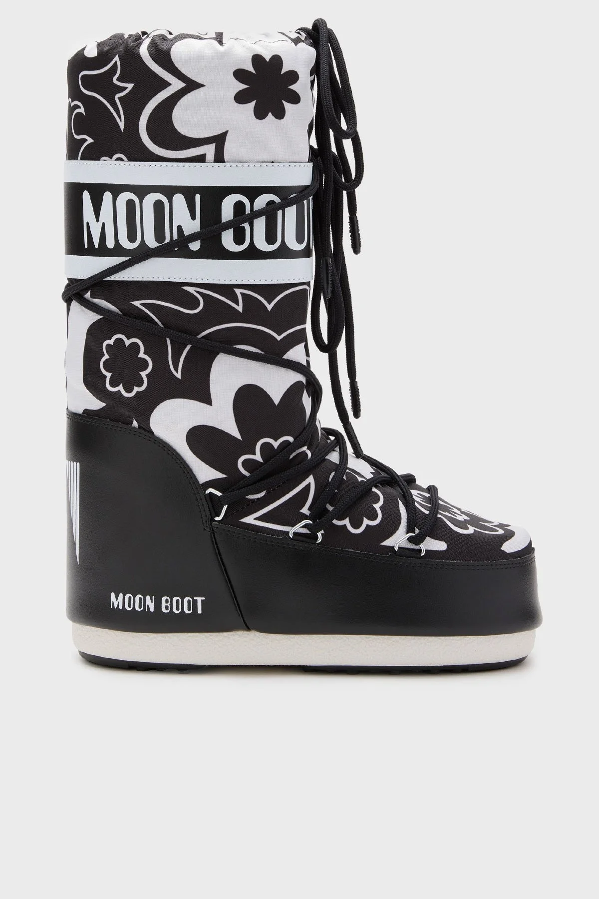 Moon Boot Desenli Logolu Bağcıklı Su İtici Bayan Kar Botu 80D1402940 NA02 SİYAH-BEYAZ - 1