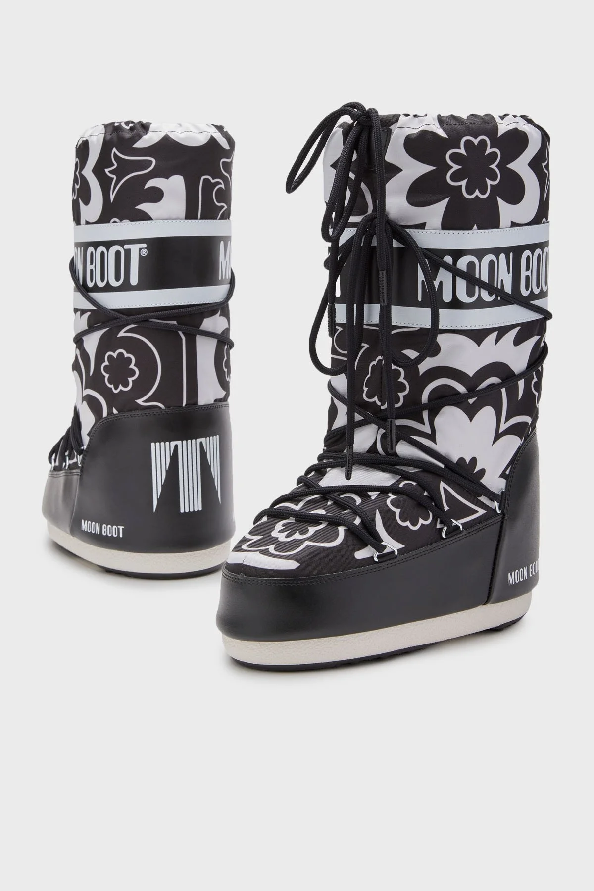 Moon Boot Desenli Logolu Bağcıklı Su İtici Bayan Kar Botu 80D1402940 NA02 SİYAH-BEYAZ - 2