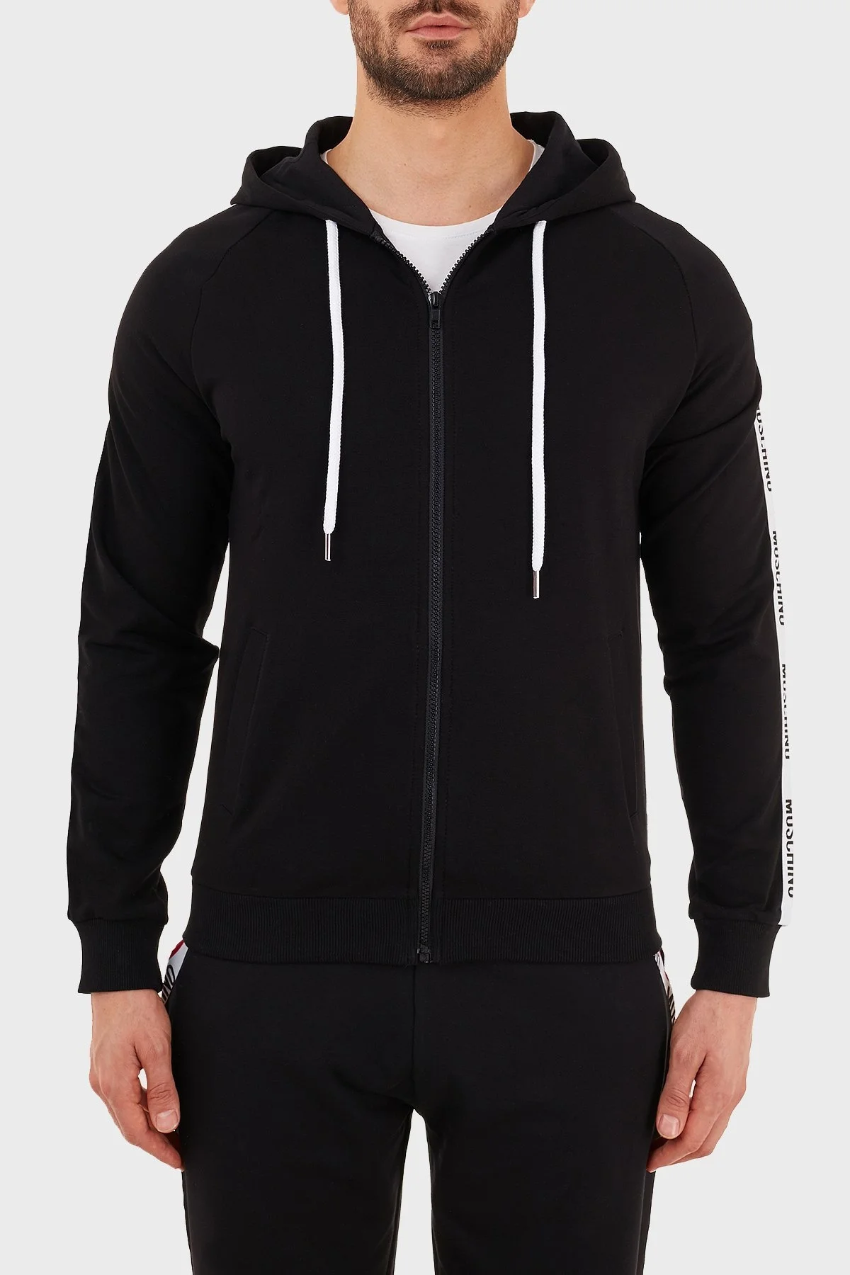 Moschino Logo Bantlı Kapüşonlu Fermuarlı Pamuklu Erkek Sweat A1707 8102 0555 SİYAH - 1