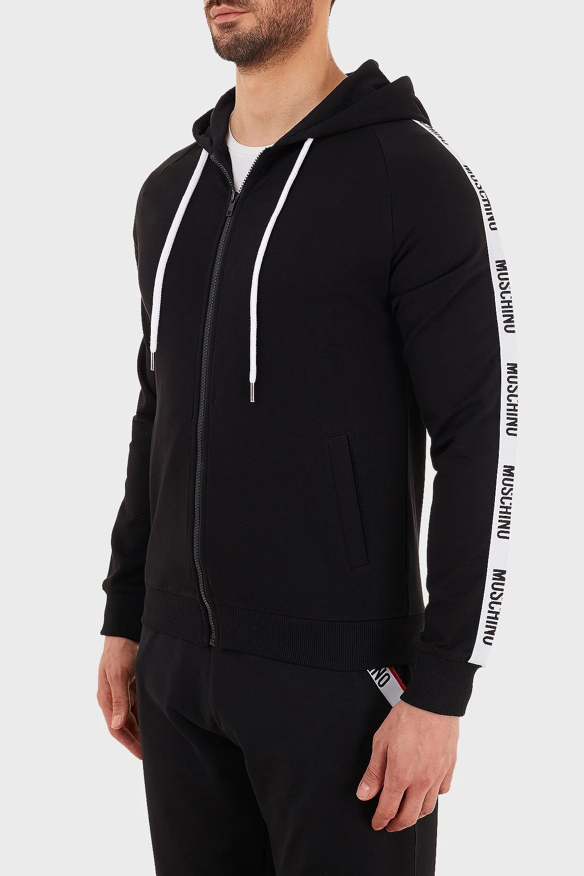 Moschino Logo Bantlı Kapüşonlu Fermuarlı Pamuklu Erkek Sweat A1707 8102 0555 SİYAH - 3