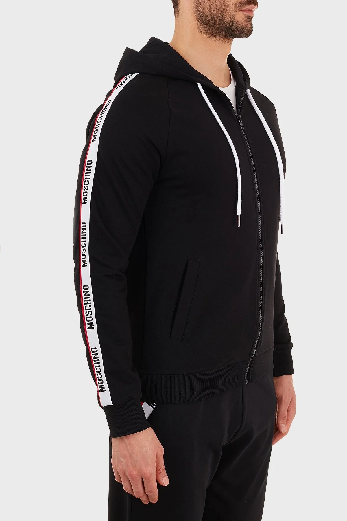 Moschino Logo Bantlı Kapüşonlu Fermuarlı Pamuklu Erkek Sweat A1707 8102 0555 SİYAH - 4