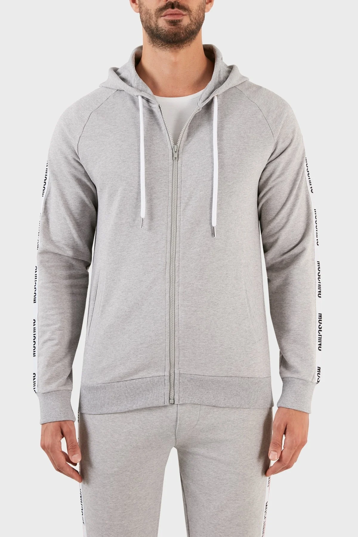 Moschino Logo Bantlı Regular Fit Kapüşonlu Fermuarlı Pamuklu Erkek Sweat A1707 8102 0489 GRİ - 1